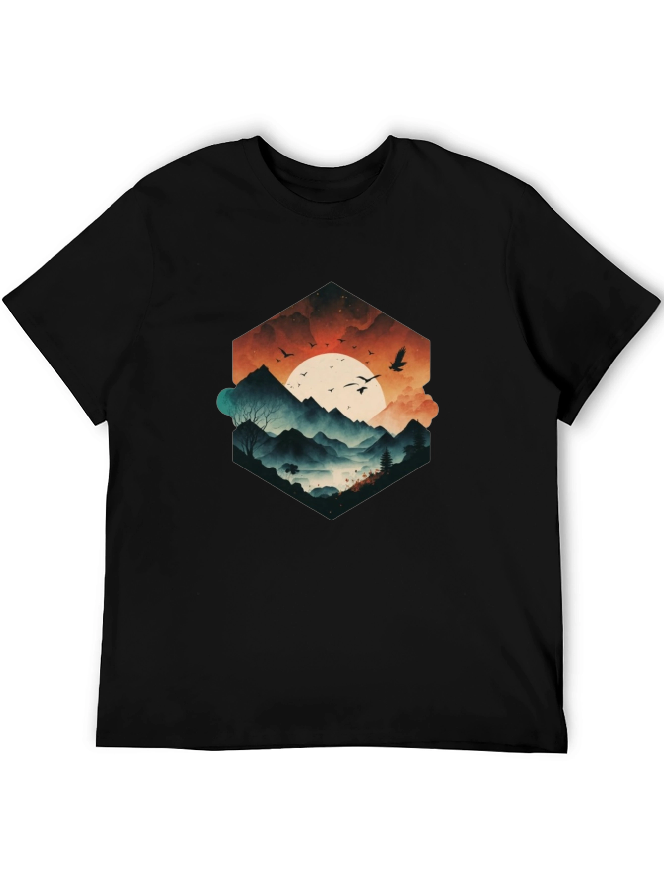 Mens Black Graphic Tee - Mountain Sunset Design