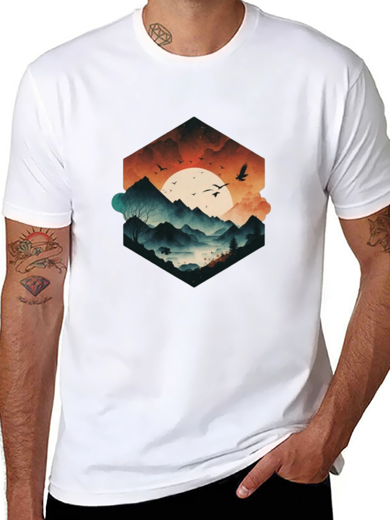 Mens Black Graphic Tee - Mountain Sunset Design