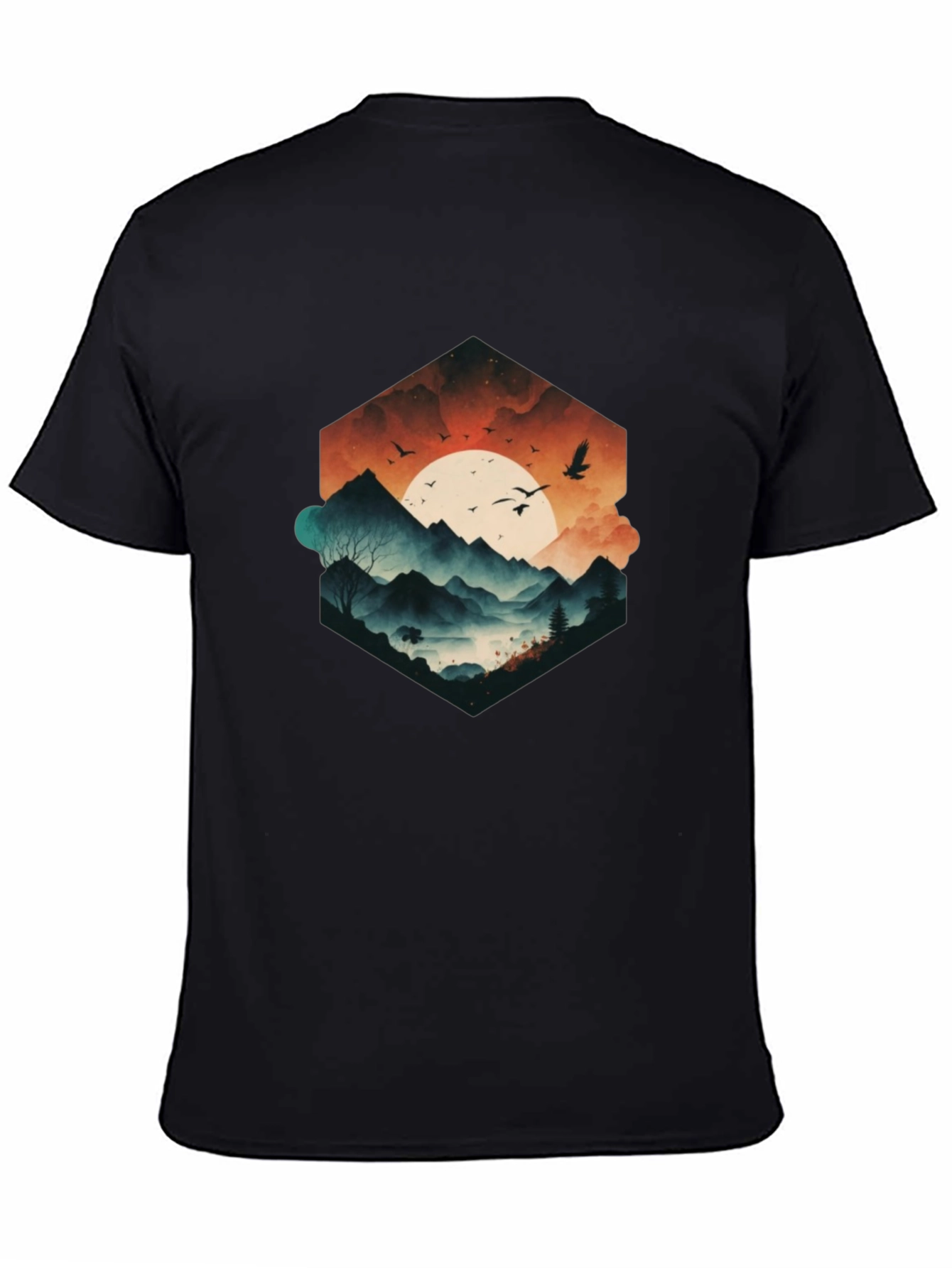 Mens Black Graphic Tee - Mountain Sunset Design