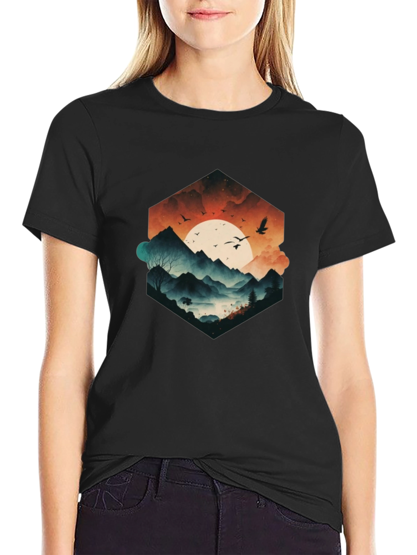 Mens Black Graphic Tee - Mountain Sunset Design