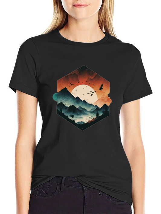 Mens Black Graphic Tee - Mountain Sunset Design