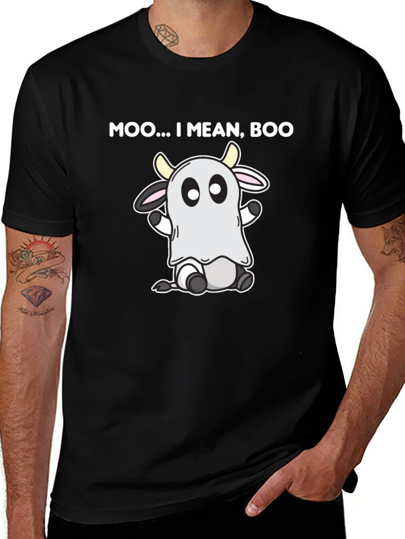 Moo I Mean Boo Cow Ghost Black T-Shirt