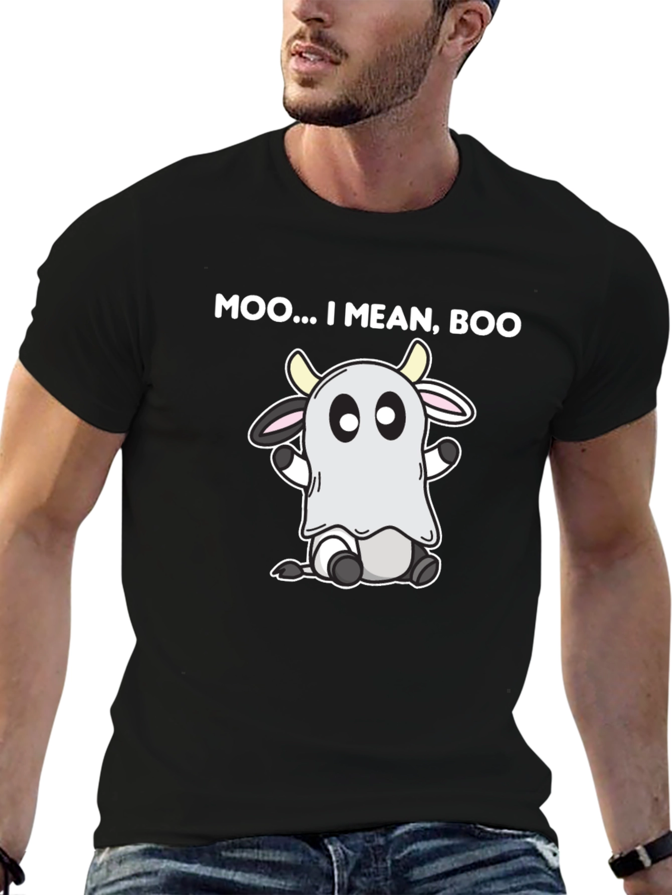 Moo I Mean Boo Cow Ghost Black T-Shirt