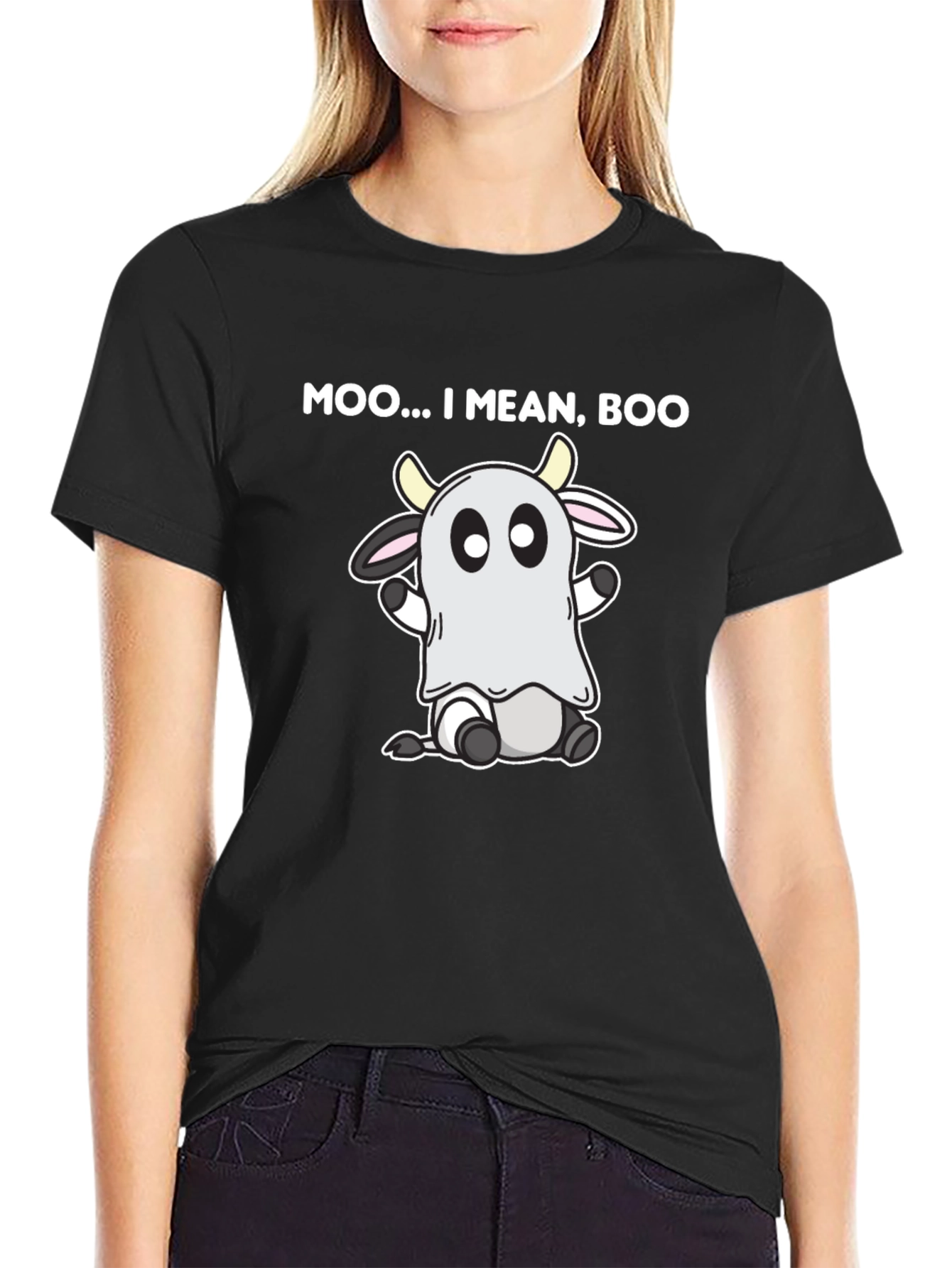 Moo I Mean Boo Cow Ghost Black T-Shirt