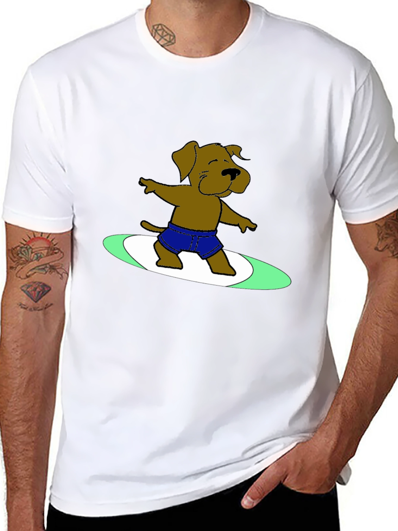 Surfing Dog Graphic Tee - Black Cotton T-Shirt