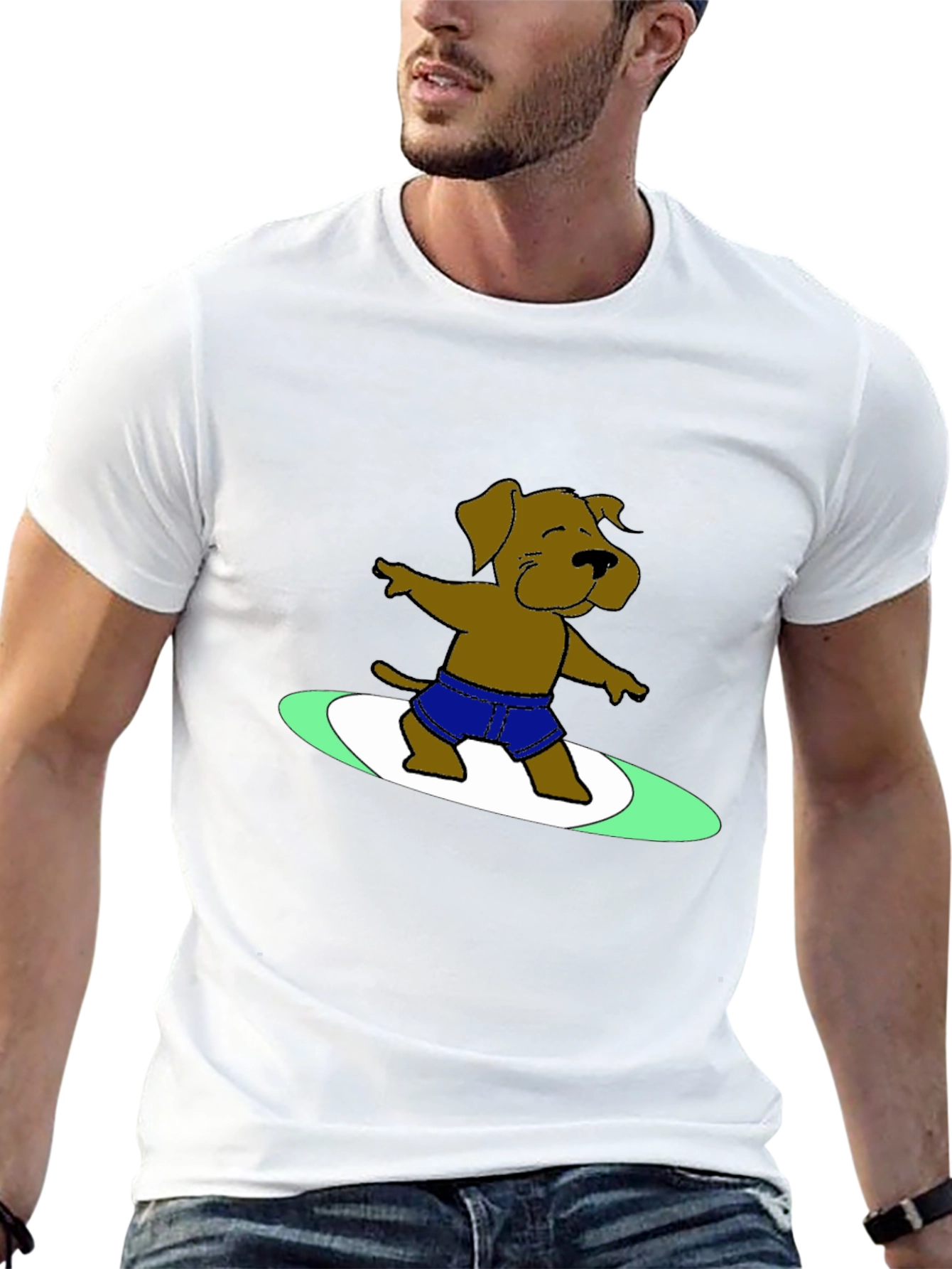 Surfing Dog Graphic Tee - Black Cotton T-Shirt