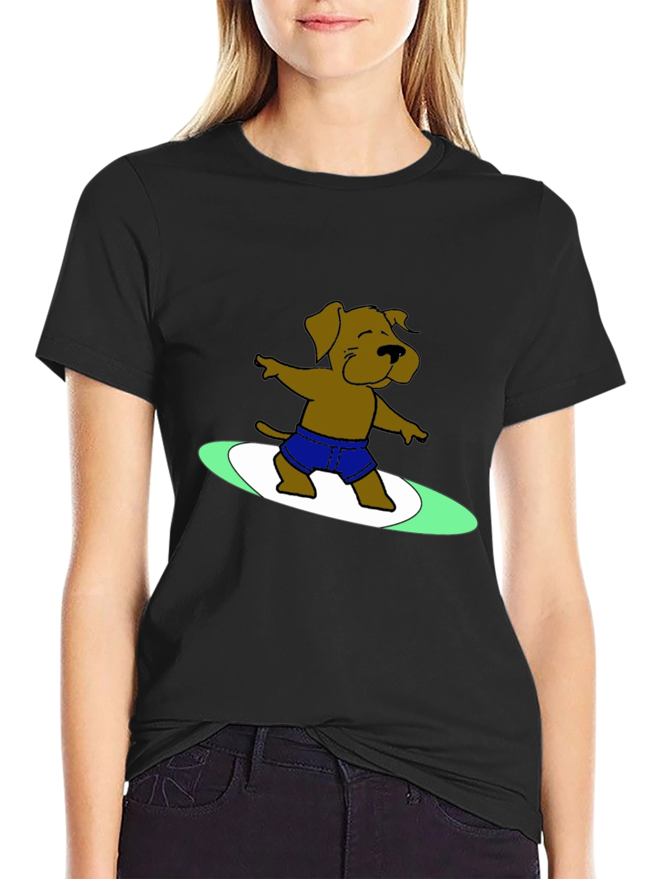 Surfing Dog Graphic Tee - Black Cotton T-Shirt