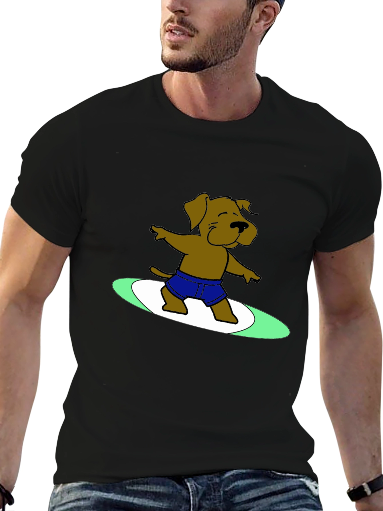 Surfing Dog Graphic Tee - Black Cotton T-Shirt