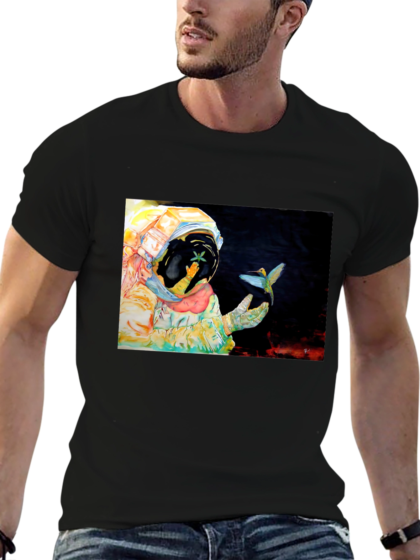 Astronaut & Hummingbird Graphic T-Shirt - Black
