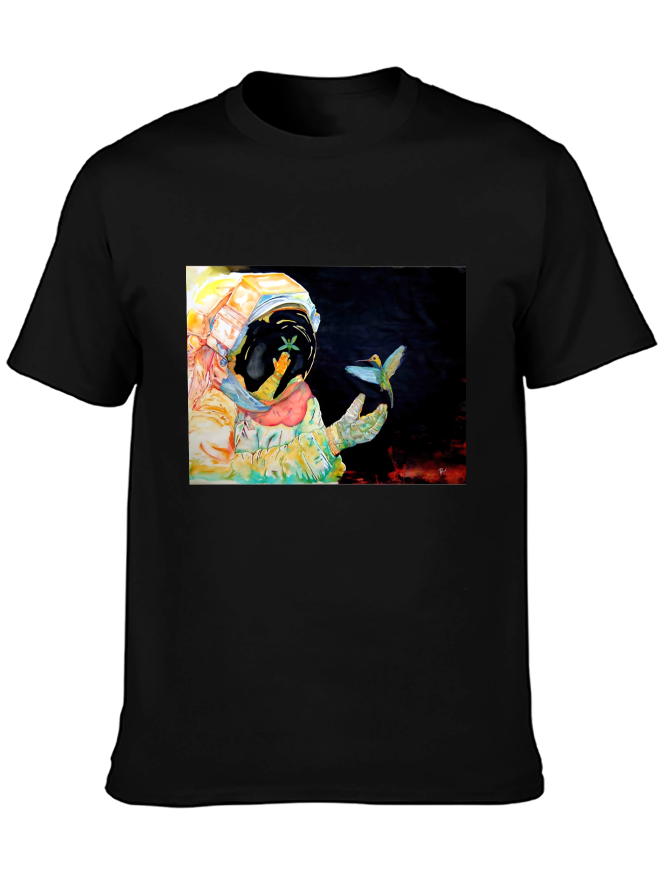 Astronaut & Hummingbird Graphic T-Shirt - Black