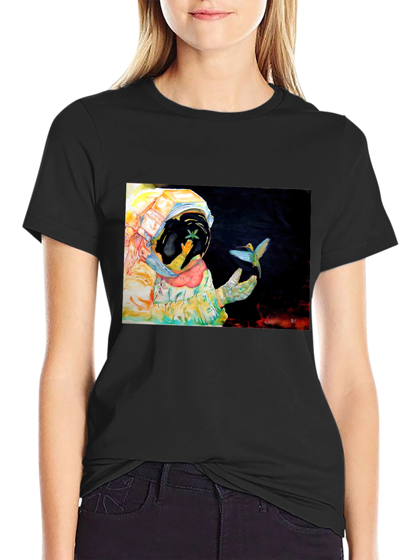 Astronaut & Hummingbird Graphic T-Shirt - Black