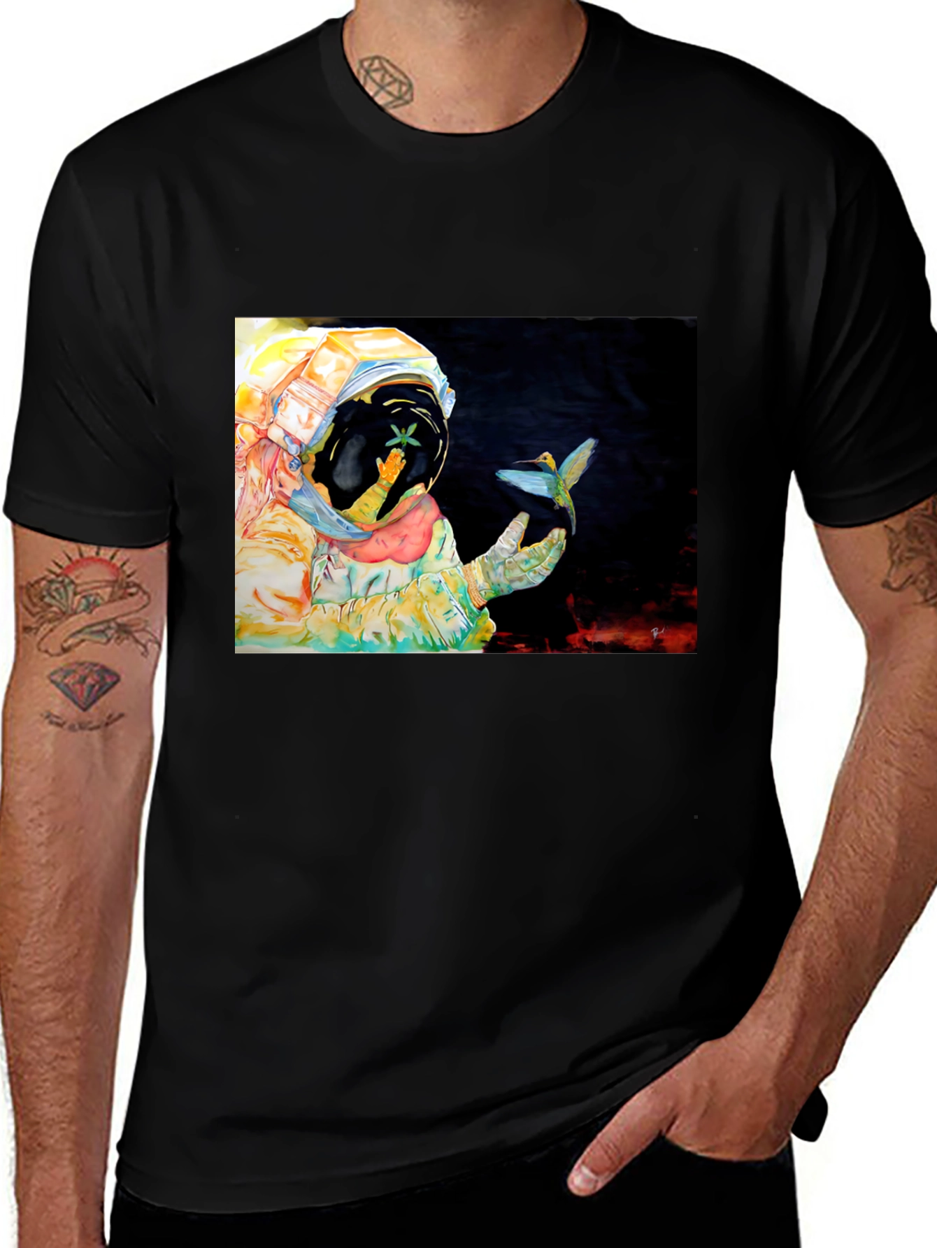 Astronaut & Hummingbird Graphic T-Shirt - Black