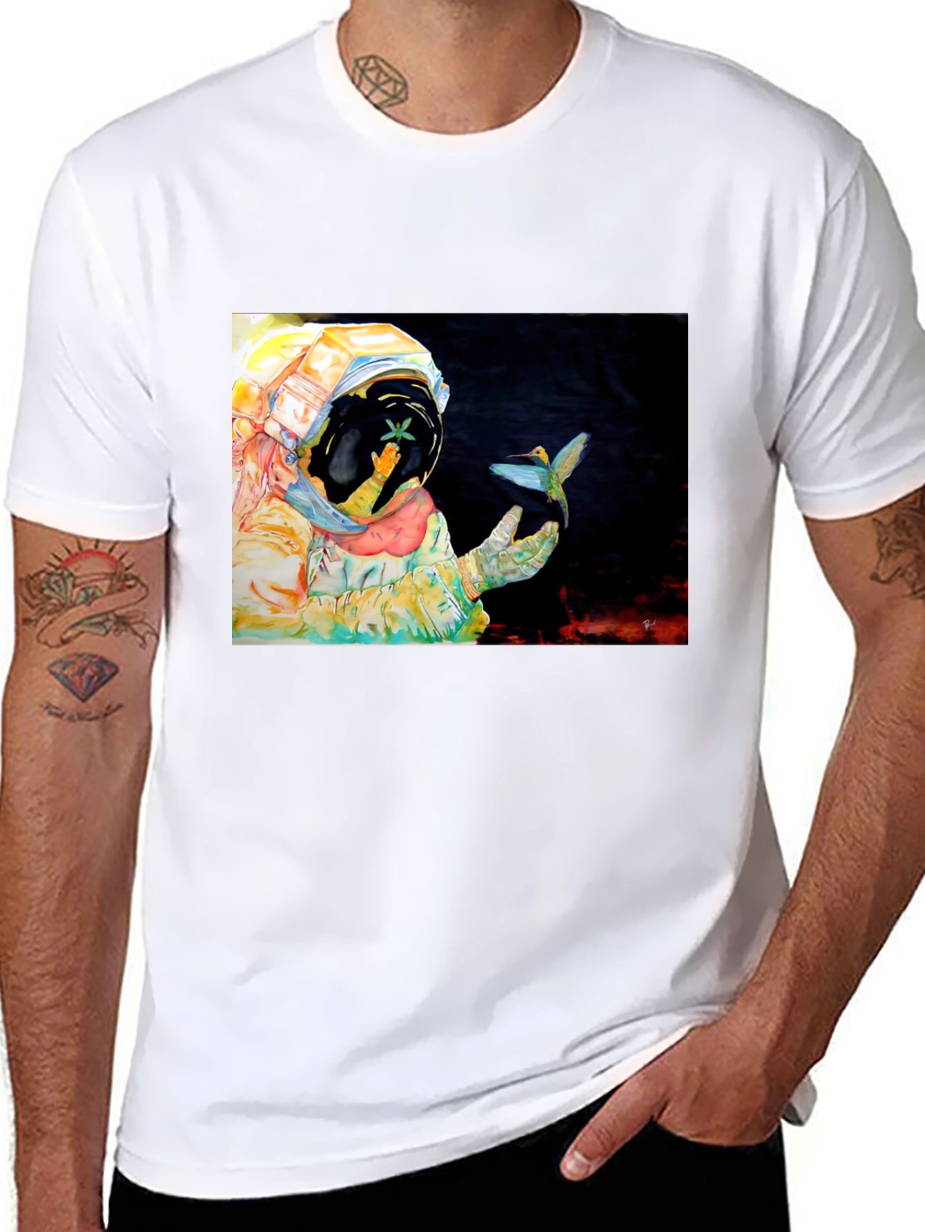 Astronaut & Hummingbird Graphic T-Shirt - Black