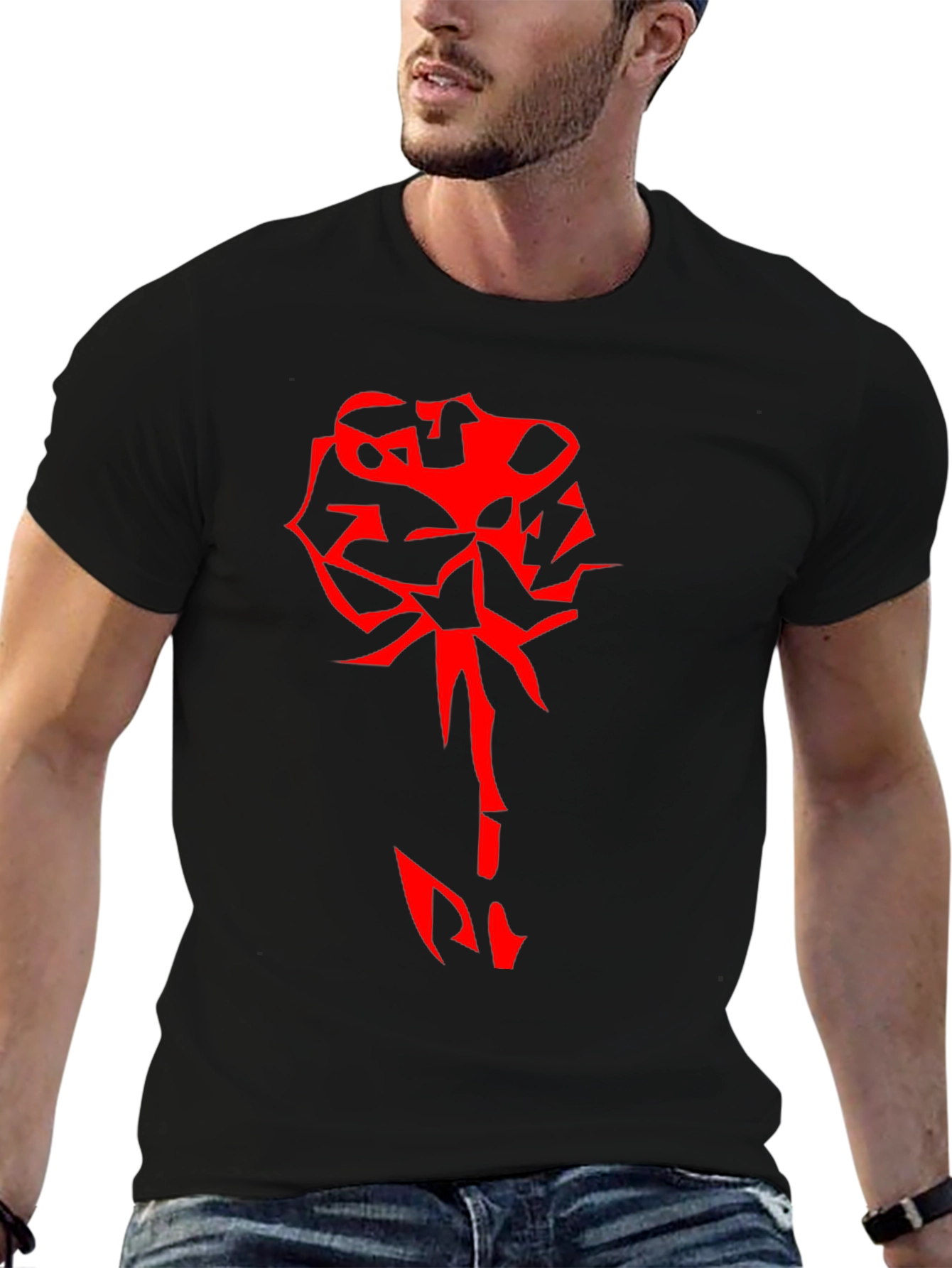 Edgy Red Rose Graphic Black T-Shirt