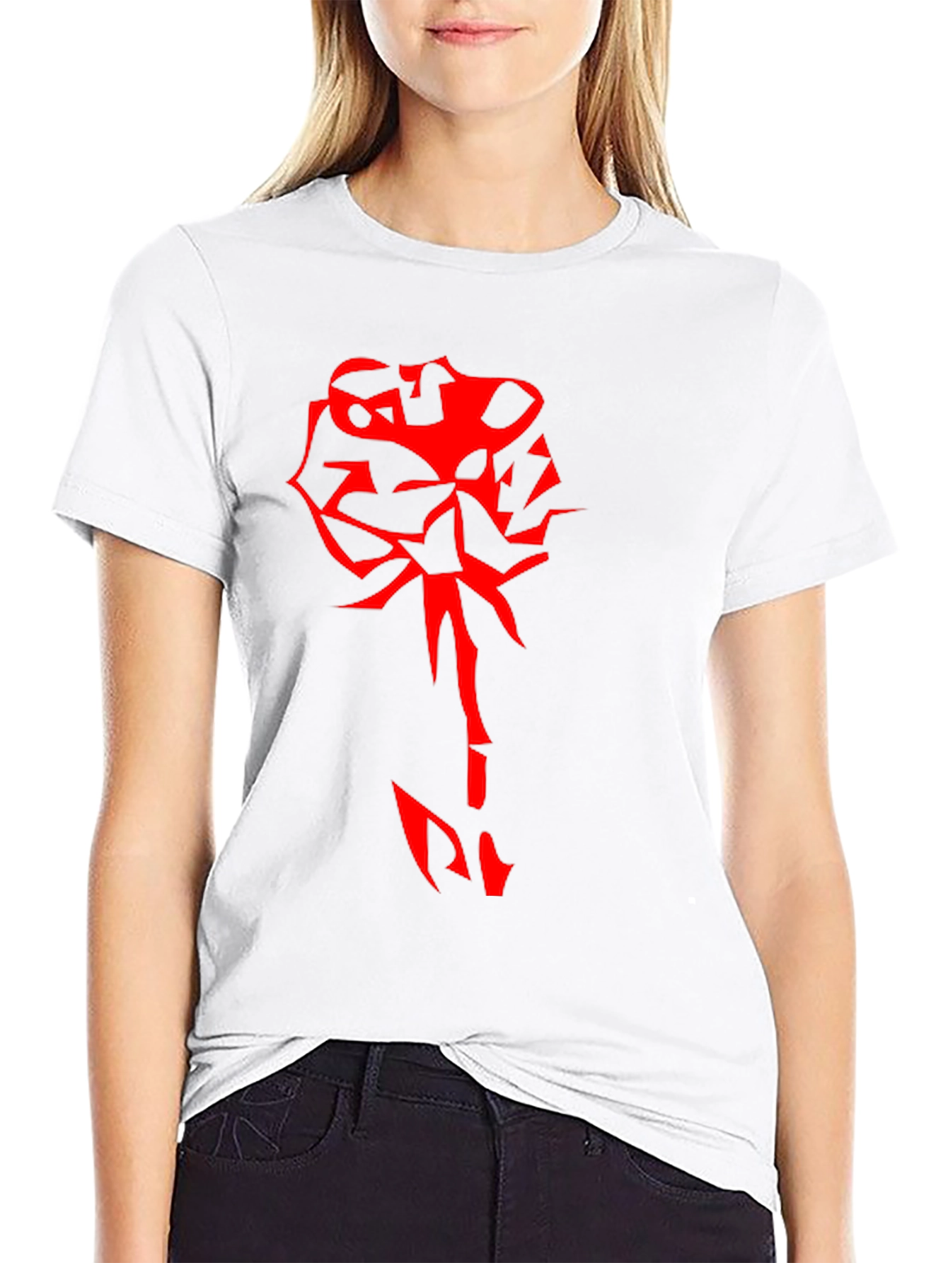 Edgy Red Rose Graphic Black T-Shirt
