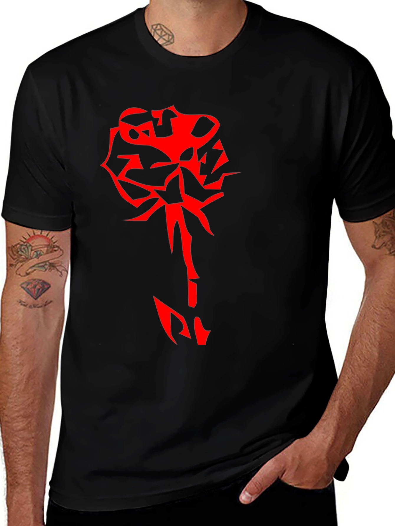 Edgy Red Rose Graphic Black T-Shirt