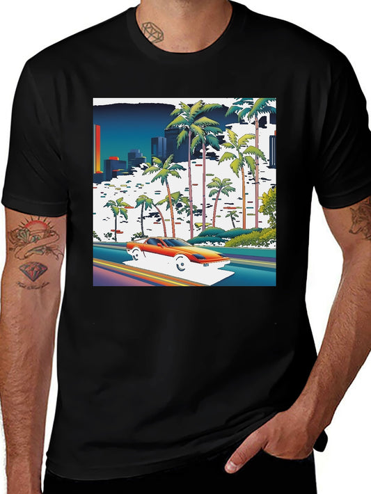 Retro Miami Vice T-Shirt - Palm Trees Car and City Lights