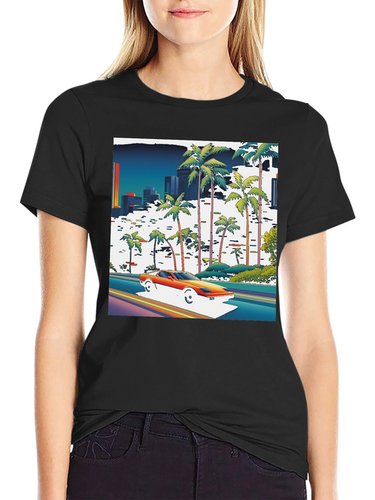 Retro Miami Vice T-Shirt - Palm Trees Car and City Lights