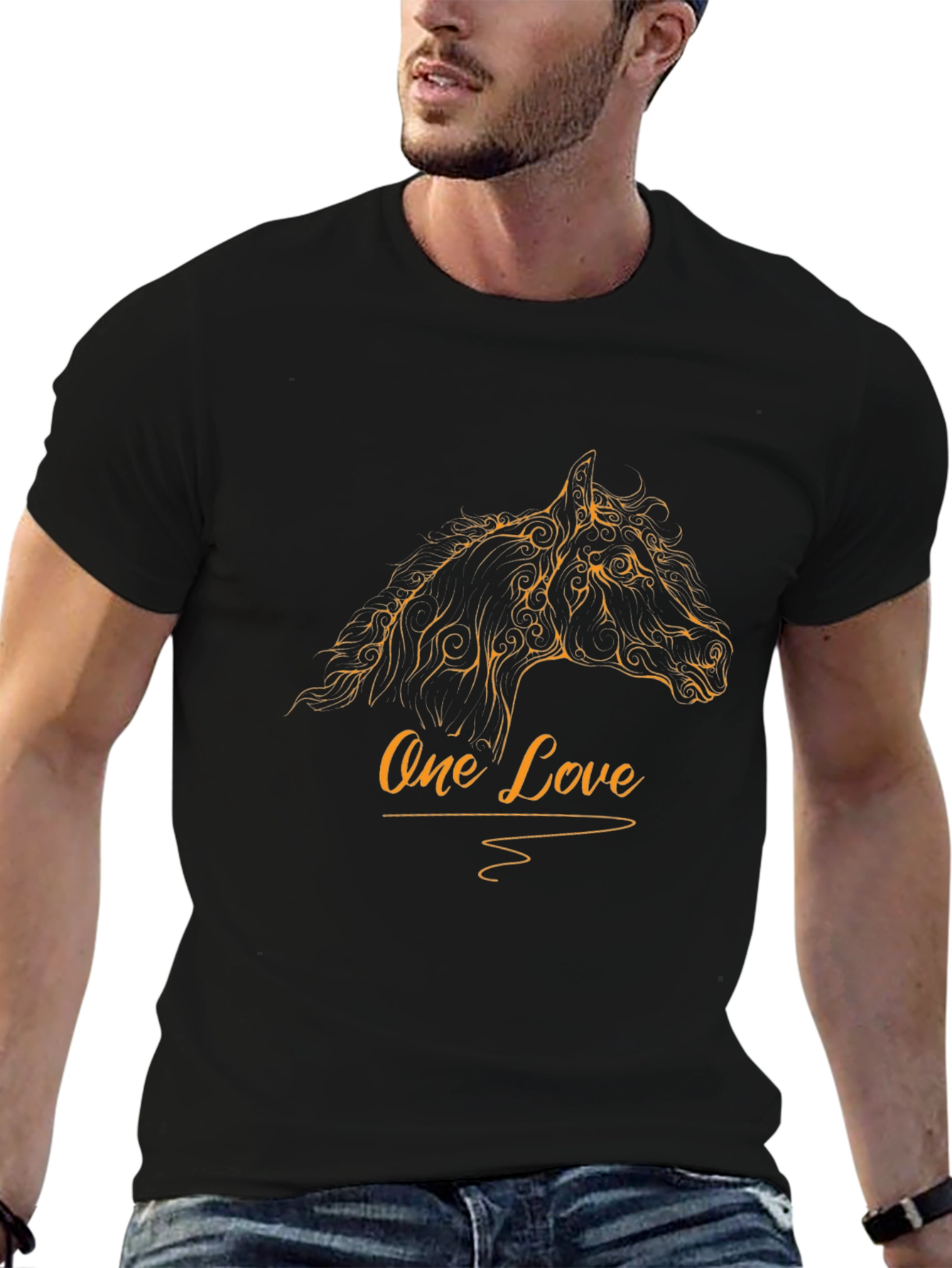 Mens Black T-Shirt with One Love Horse Design