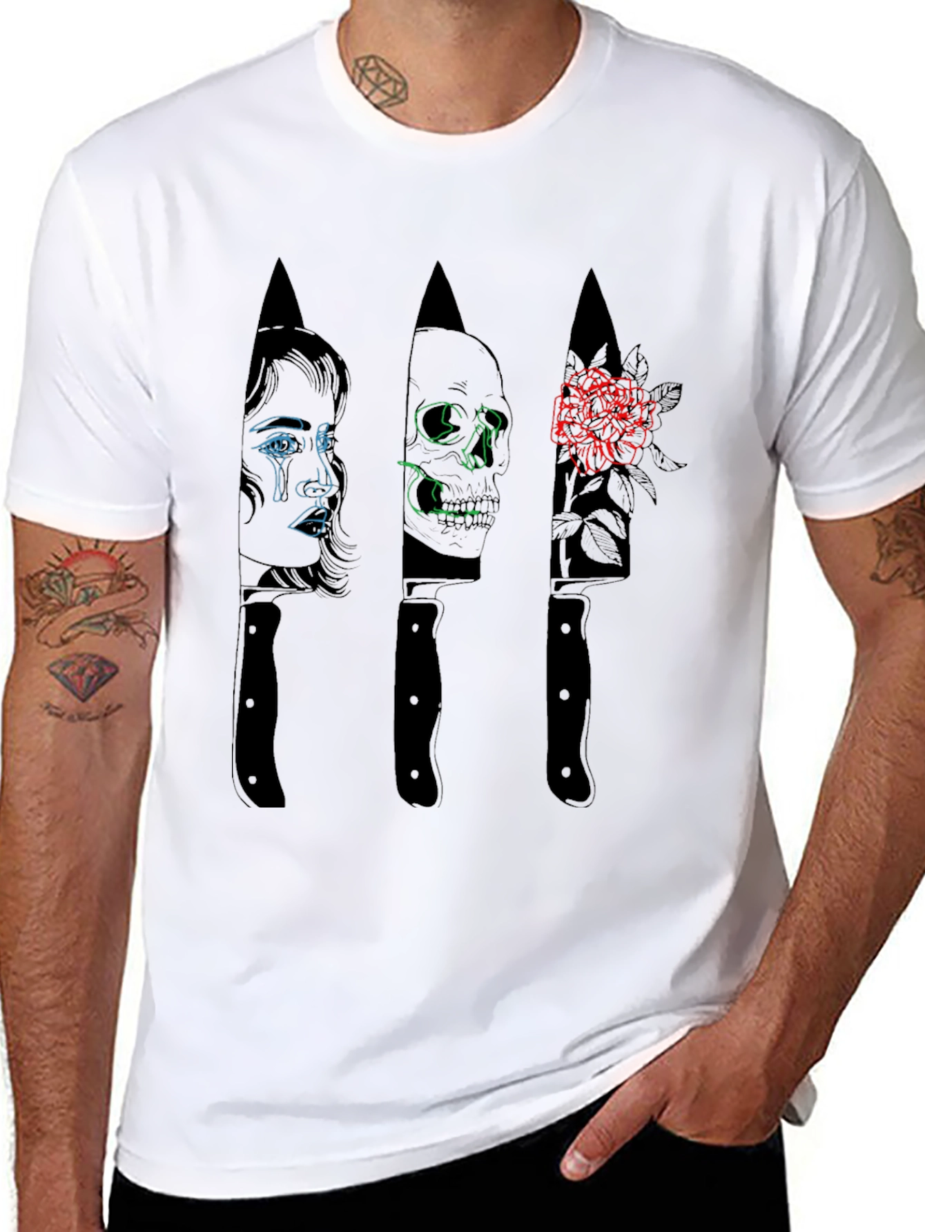 Tattooed Mans Graphic Knife Design T-Shirt