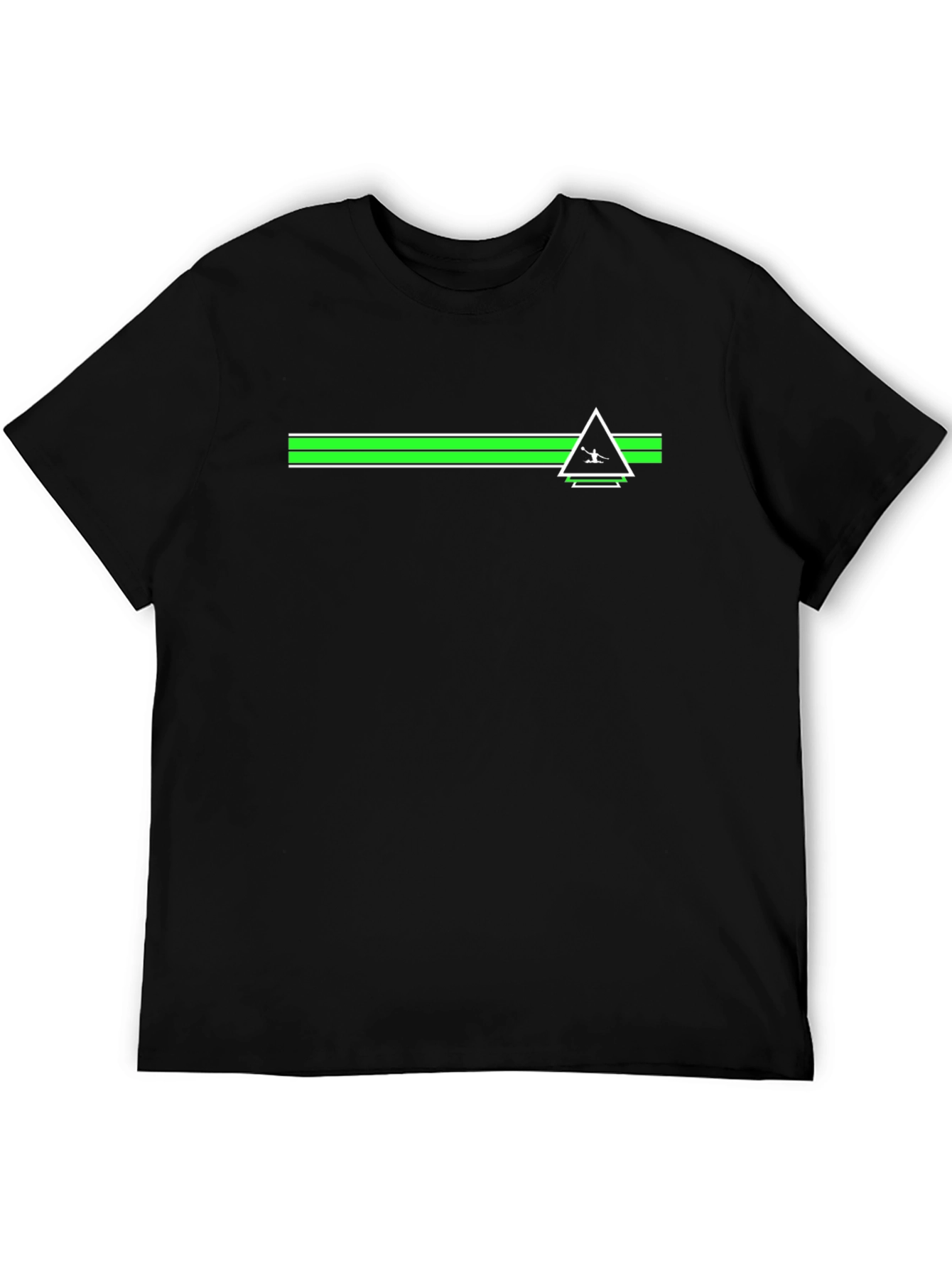 Mens Black Graphic Tee - Green Stripe Triangle Design