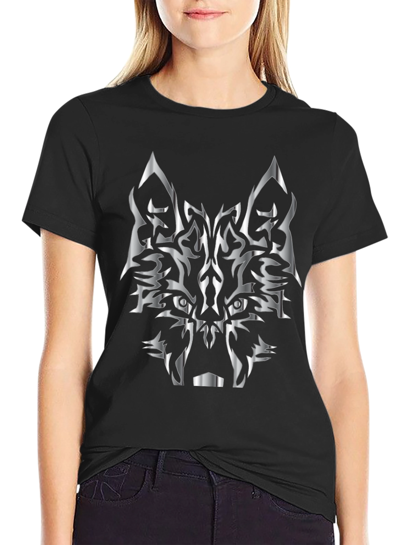 Tribal Wolf Head Graphic Black Tee