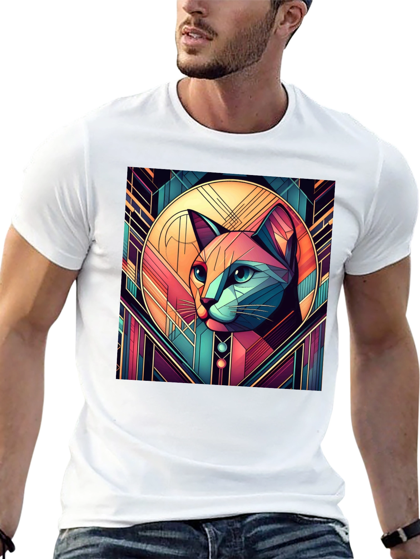 Geometric Cat Art Graphic Tee
