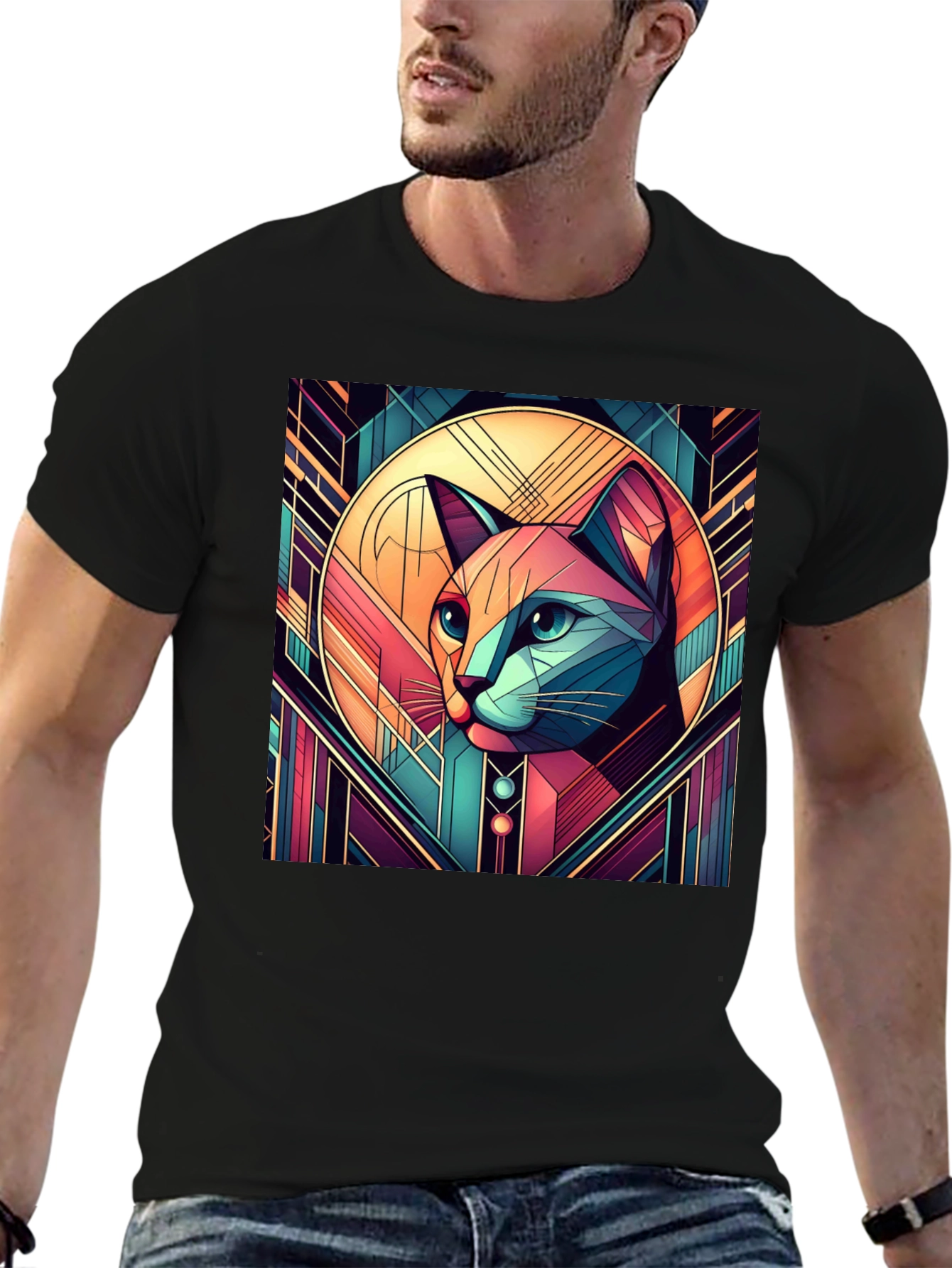 Geometric Cat Art Graphic Tee
