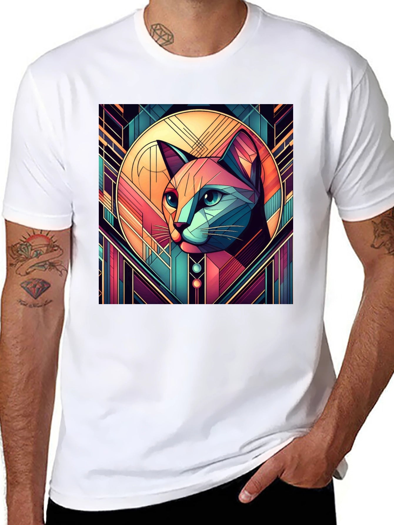 Geometric Cat Art Graphic Tee