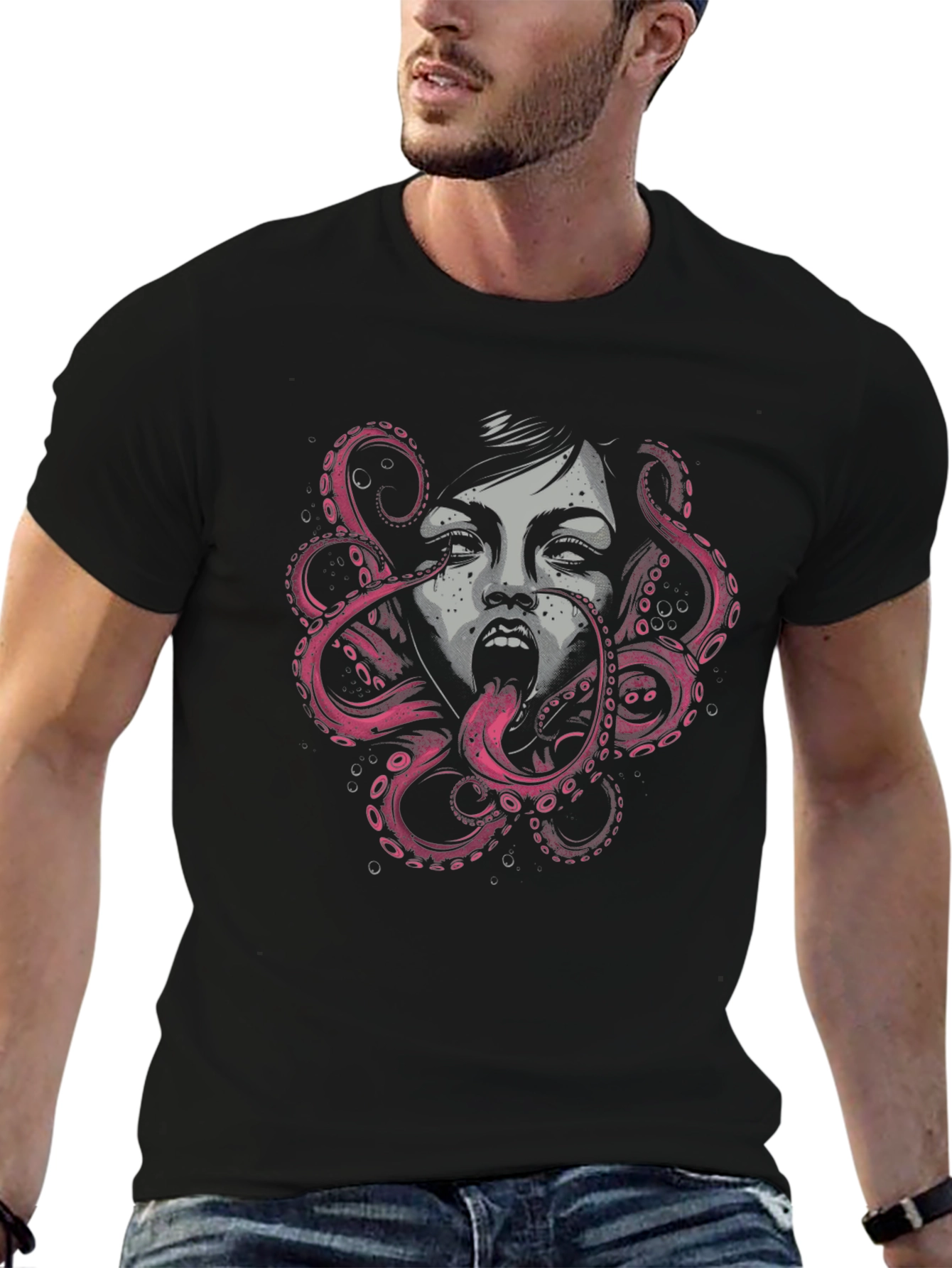 Octopus Woman Graphic Black T-Shirt