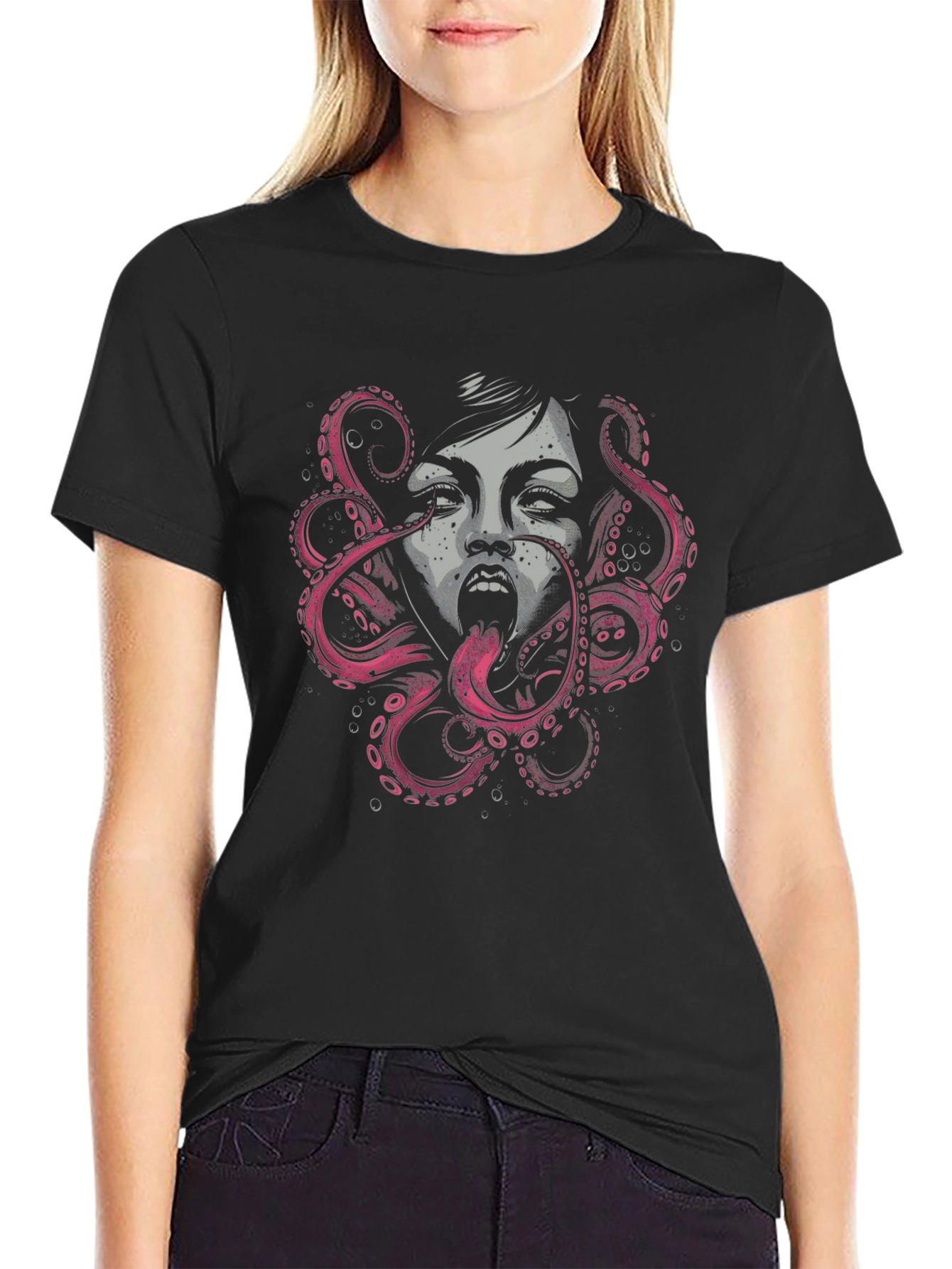 Octopus Woman Graphic Black T-Shirt