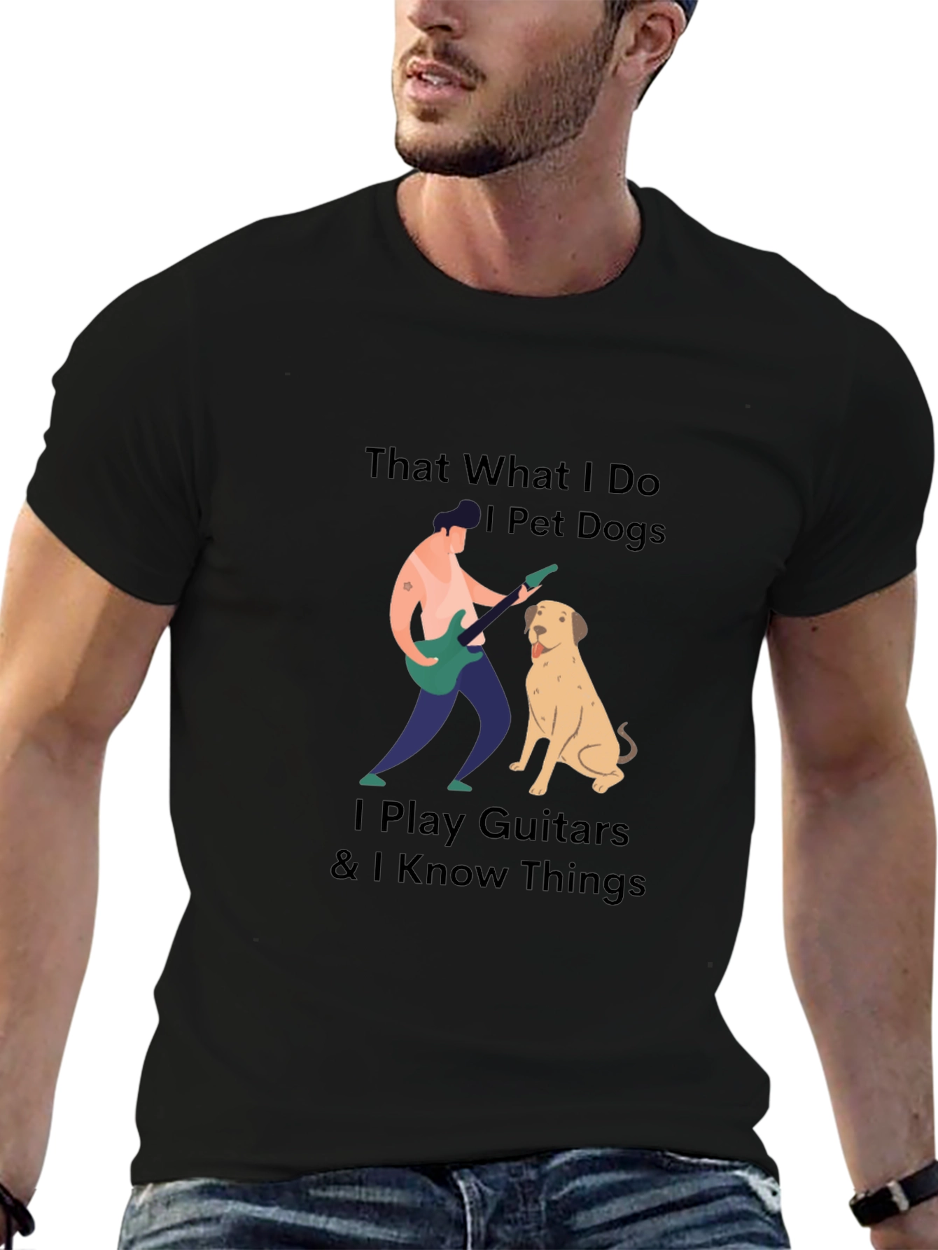 Mens Black T-Shirt - Dogs Guitars & Knowledge