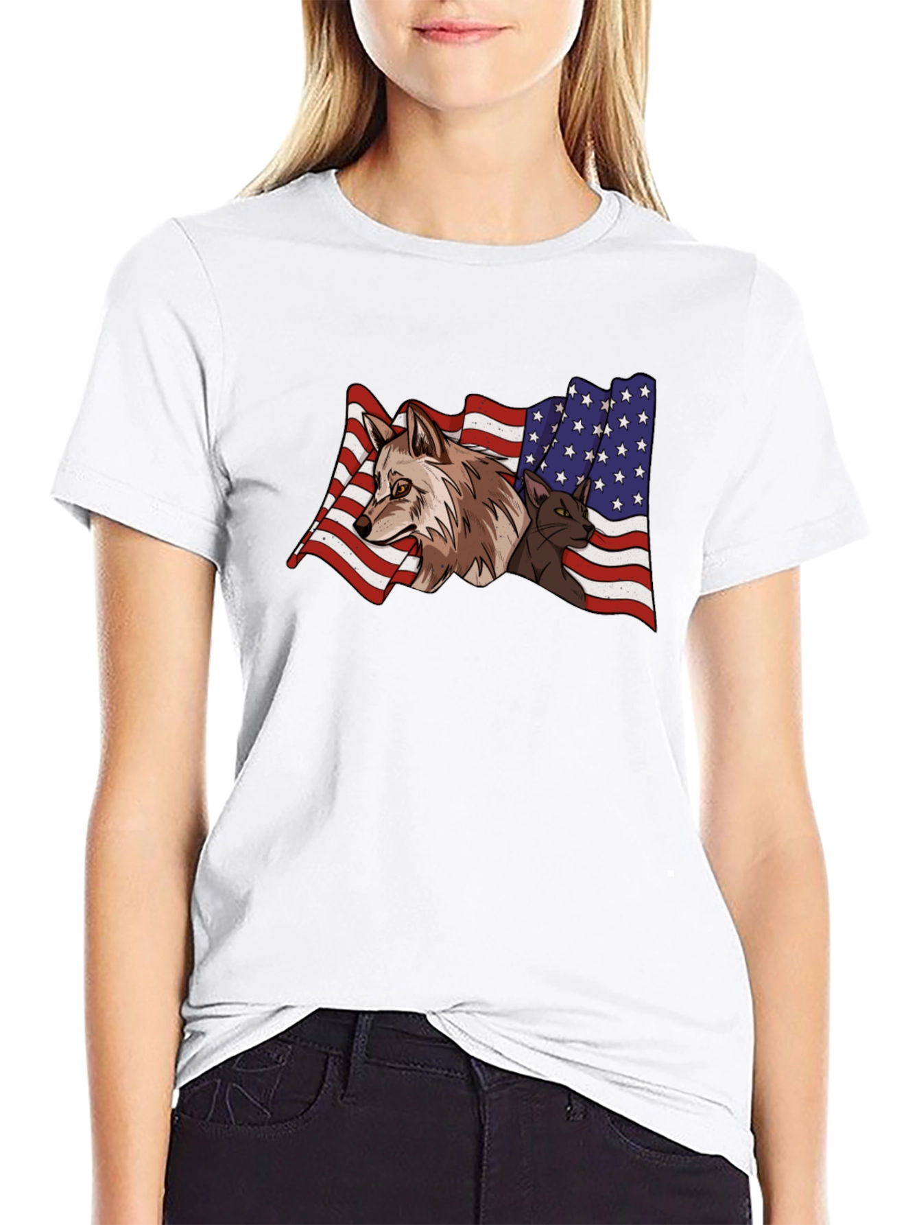 American Flag Wolf & Cat T-Shirt