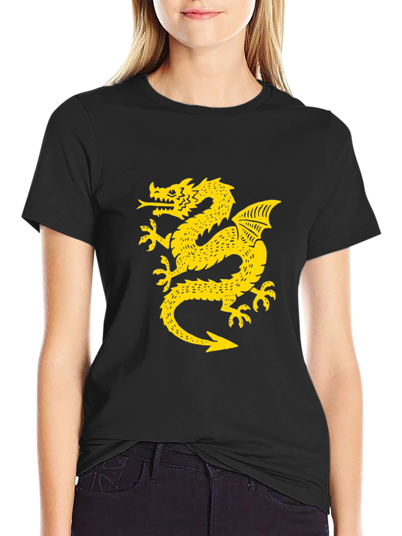 Black T-Shirt with Golden Dragon Graphic
