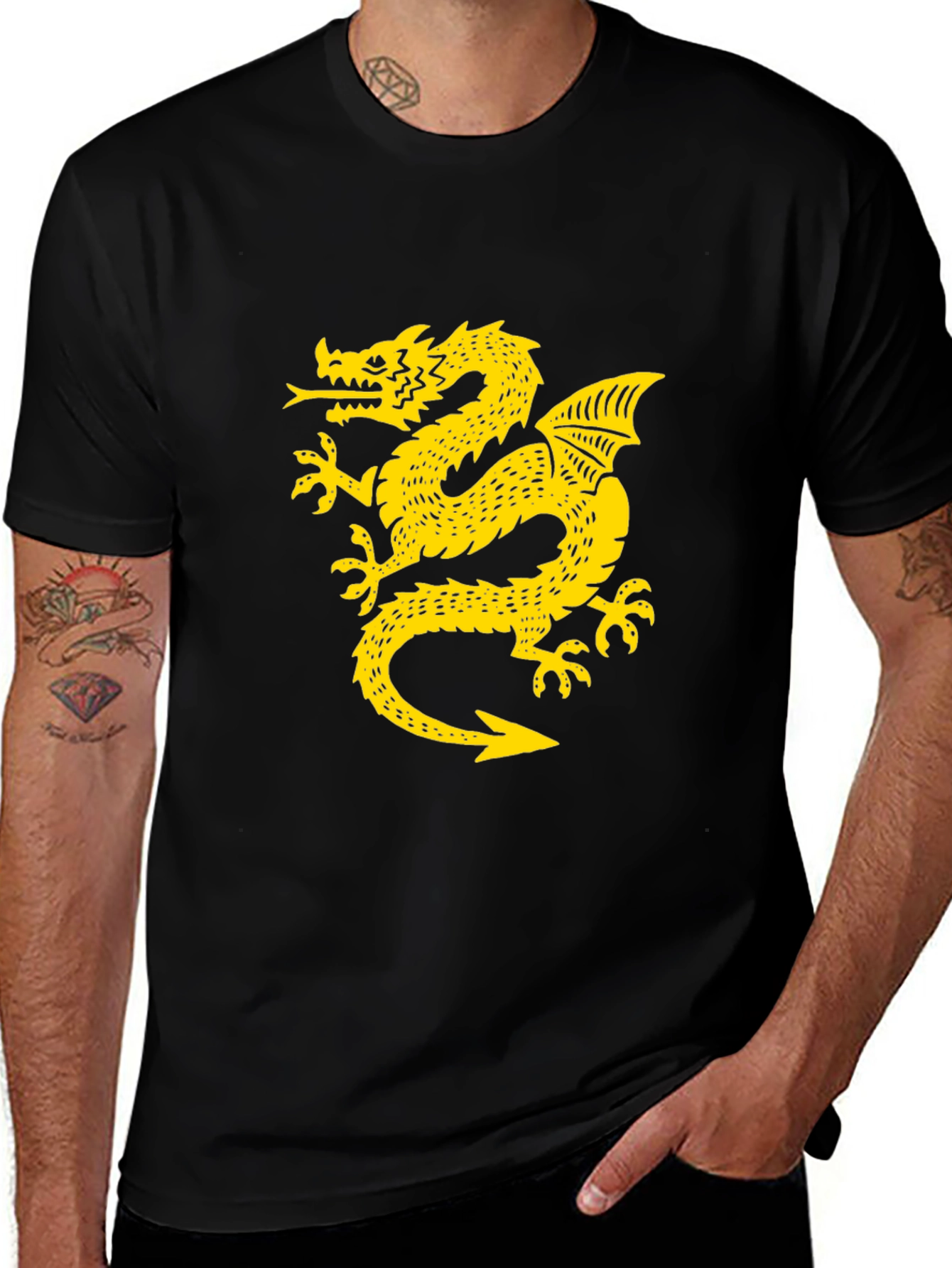 Black T-Shirt with Golden Dragon Graphic