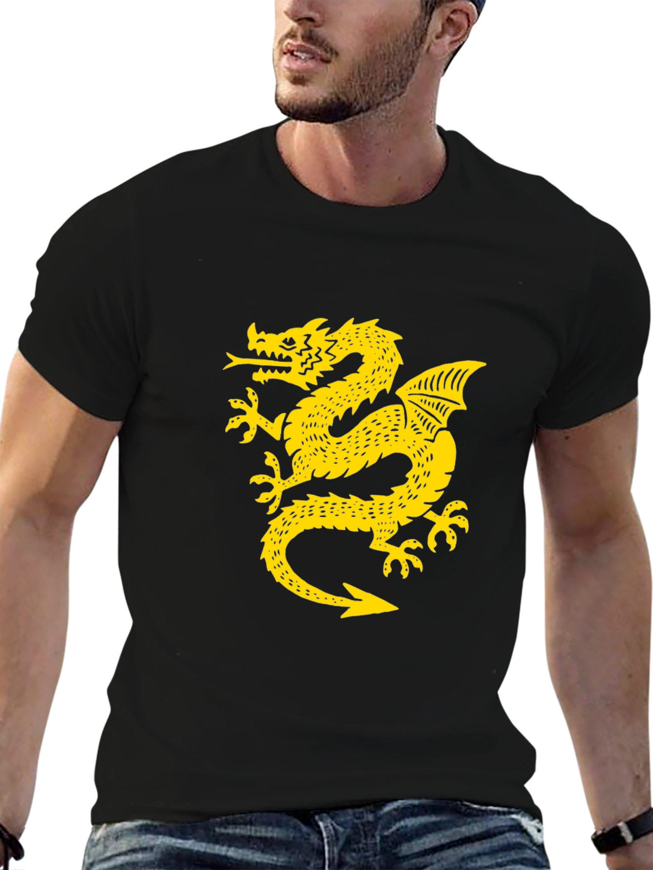 Black T-Shirt with Golden Dragon Graphic