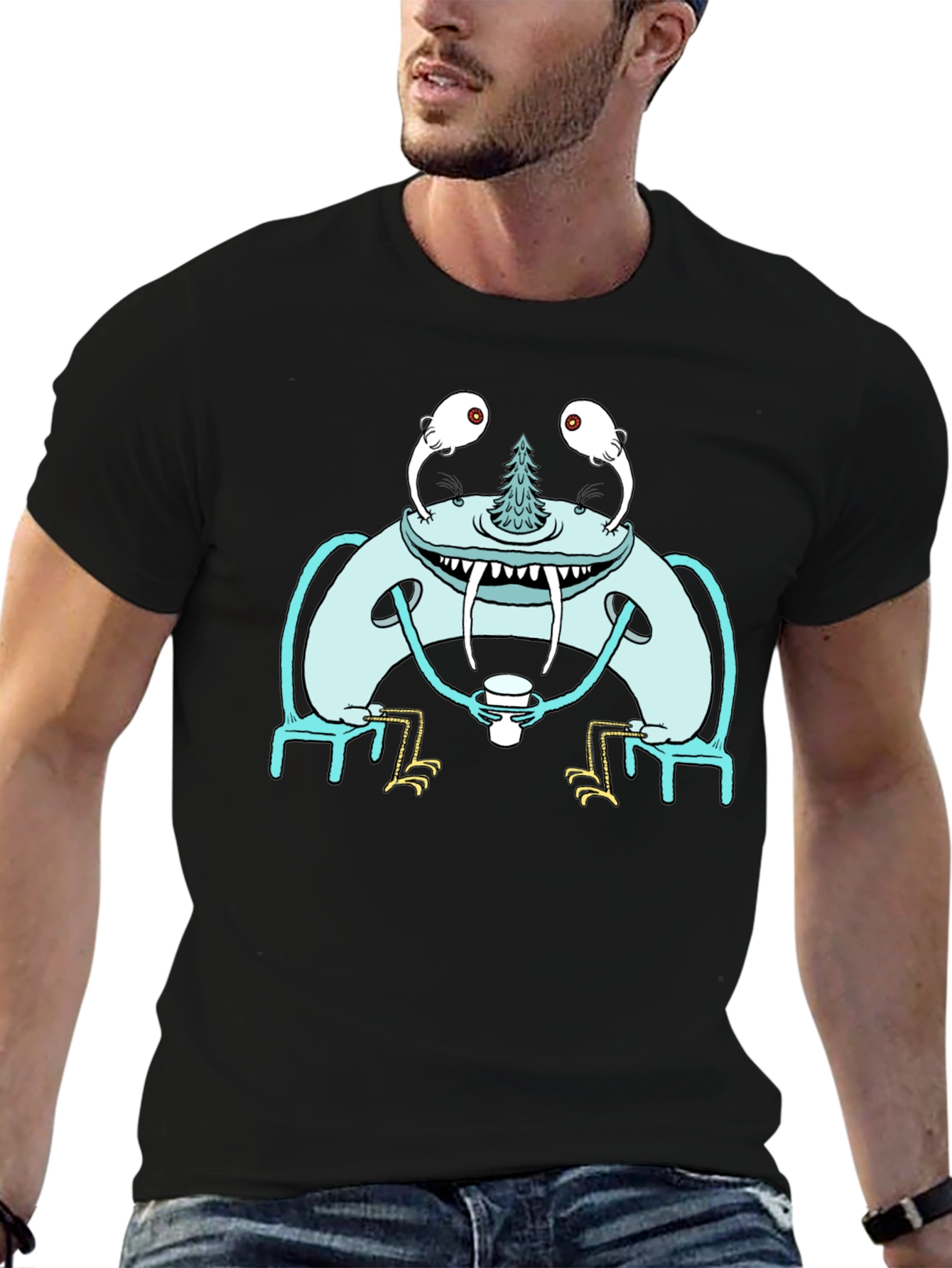Monster Sipping Coffee Graphic Tee - Black