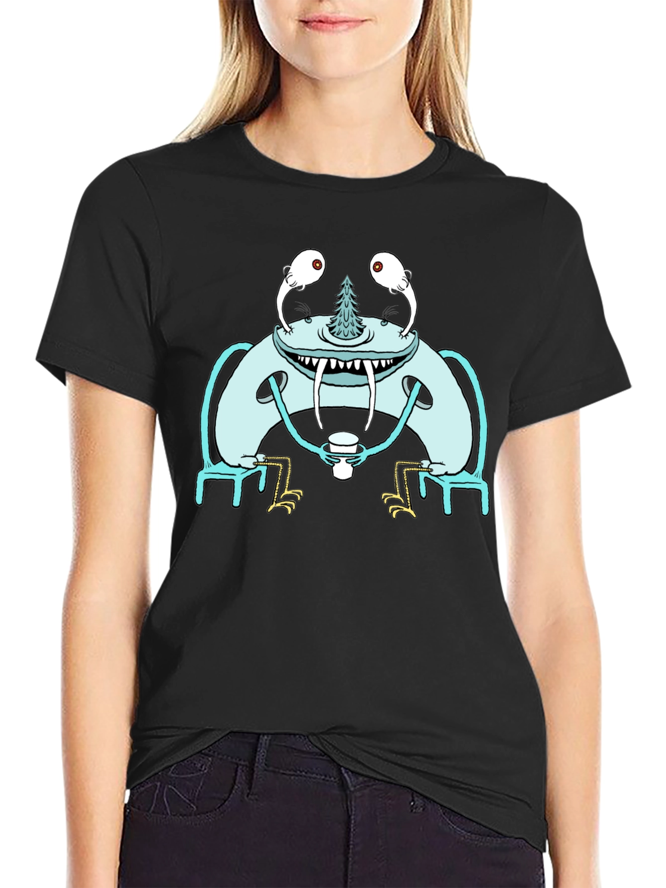 Monster Sipping Coffee Graphic Tee - Black