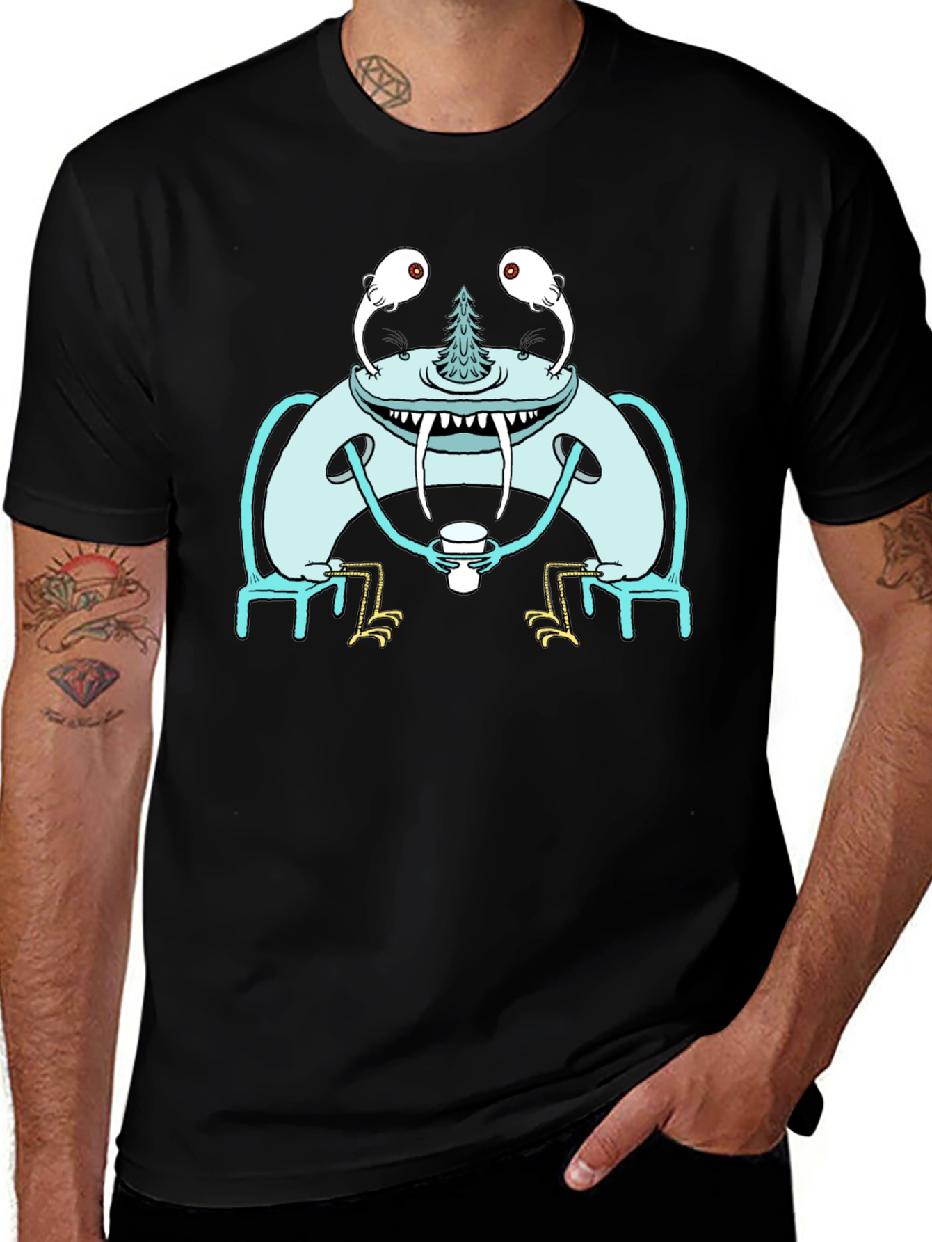 Monster Sipping Coffee Graphic Tee - Black