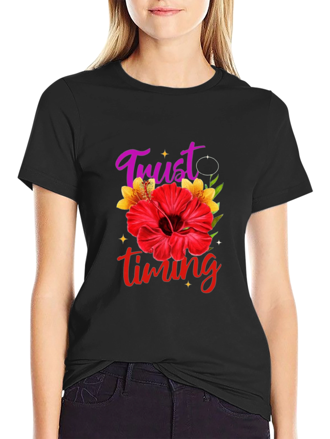 Trust Timing Floral Black T-Shirt