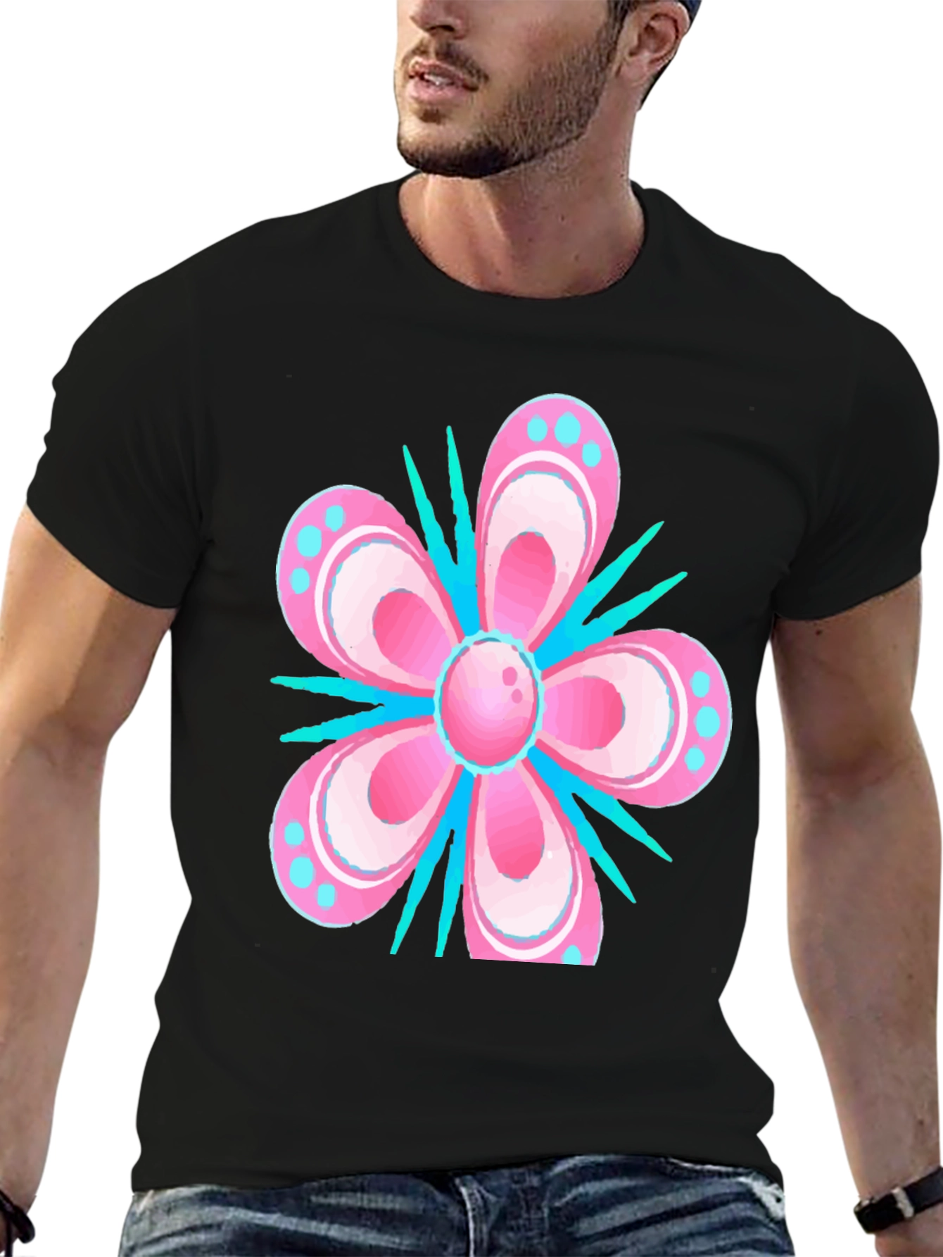 Floral T-Shirt - Pink & Blue Graphic Print