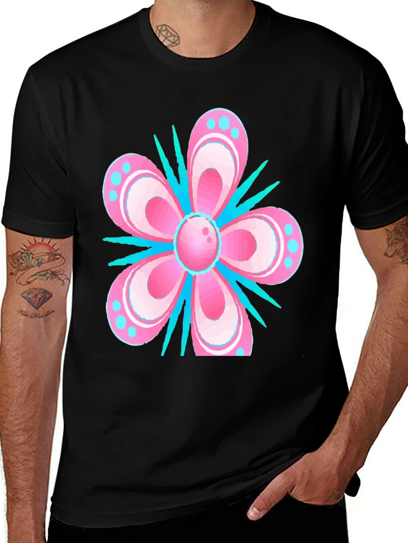 Floral T-Shirt - Pink & Blue Graphic Print