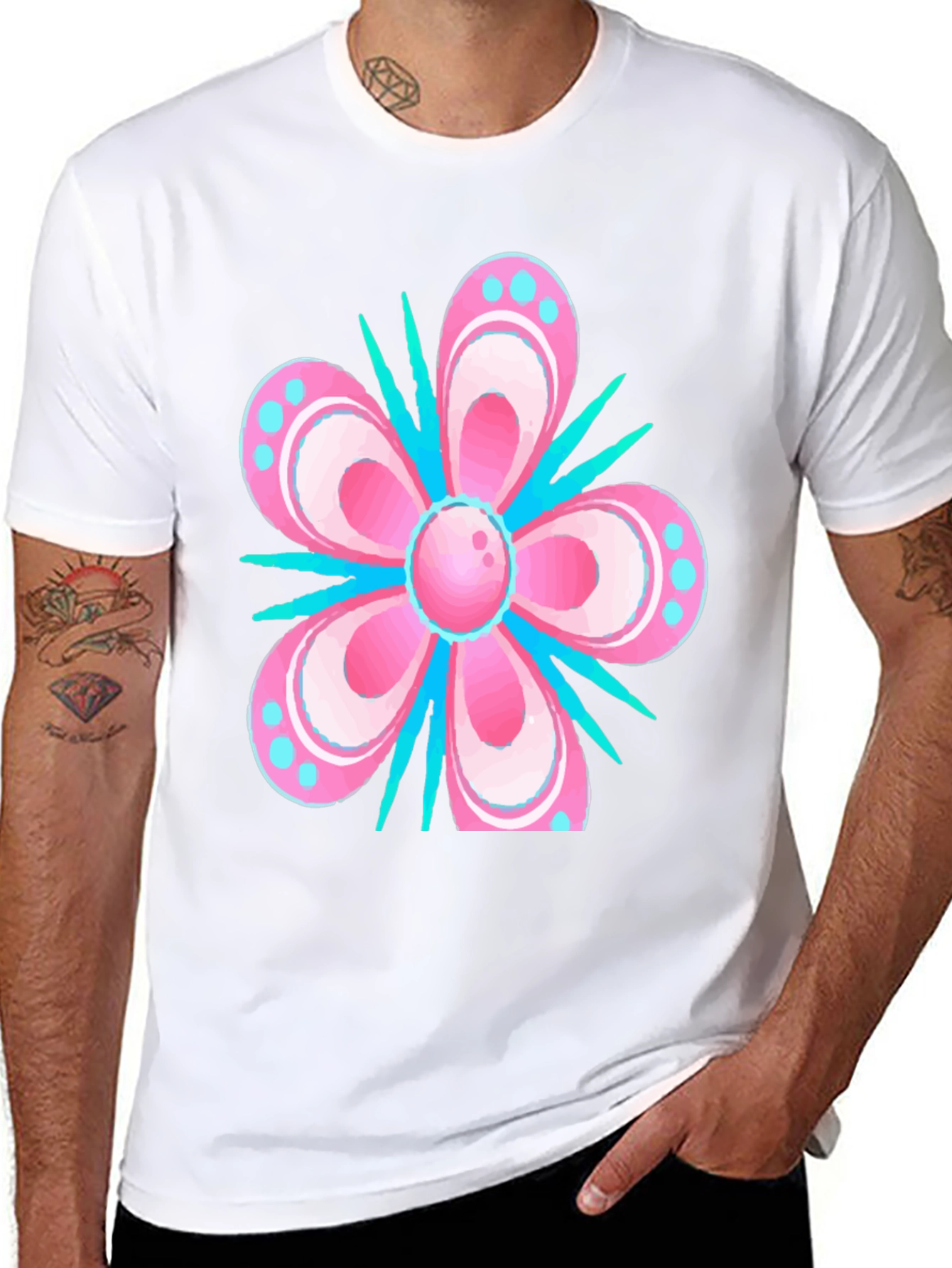 Floral T-Shirt - Pink & Blue Graphic Print
