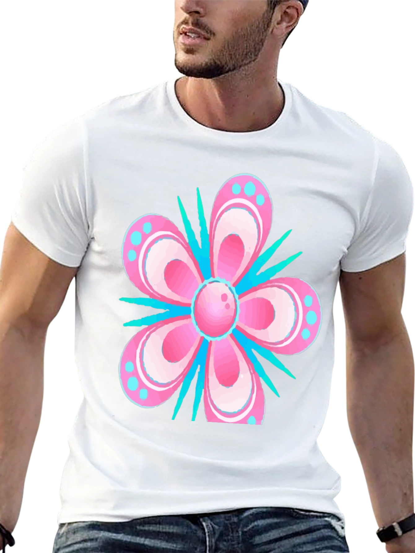 Floral T-Shirt - Pink & Blue Graphic Print