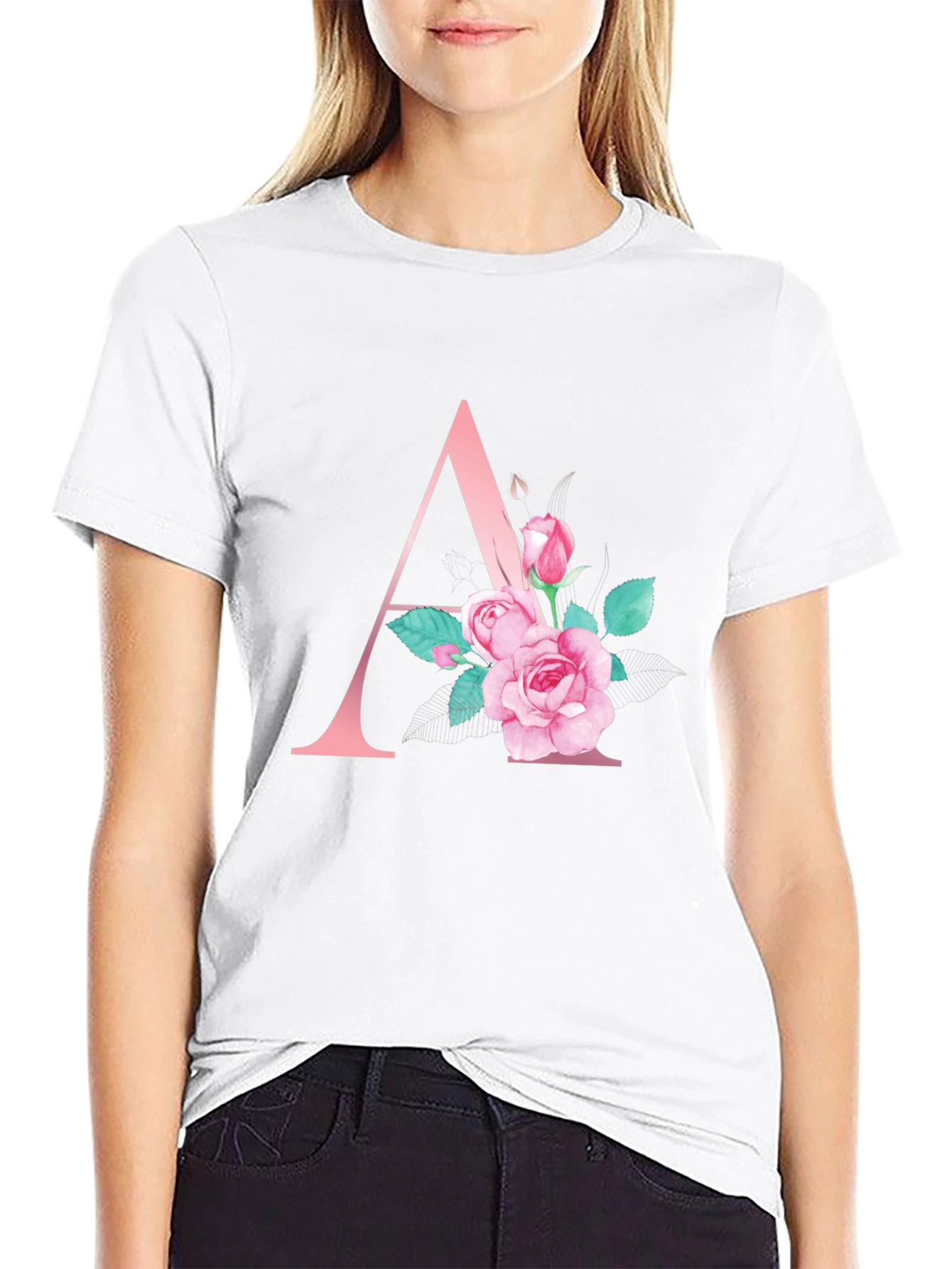 Floral Initial A Black T-Shirt