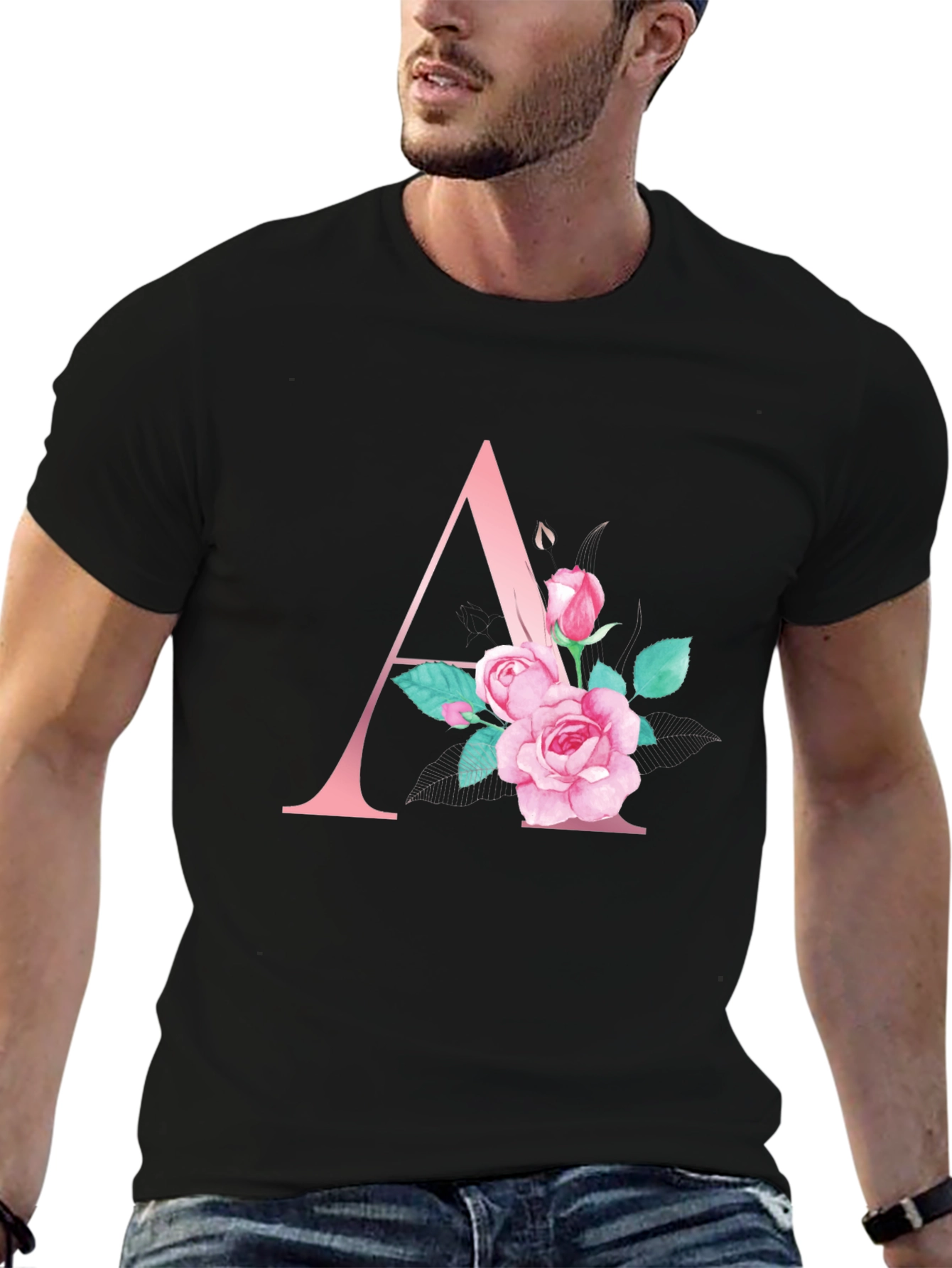 Floral Initial A Black T-Shirt
