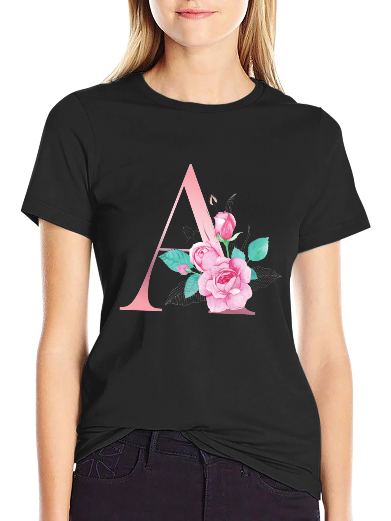 Floral Initial A Black T-Shirt