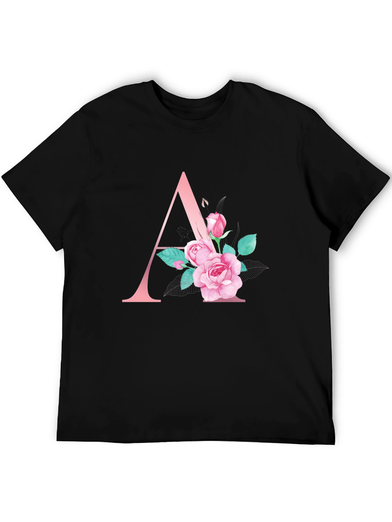 Floral Initial A Black T-Shirt