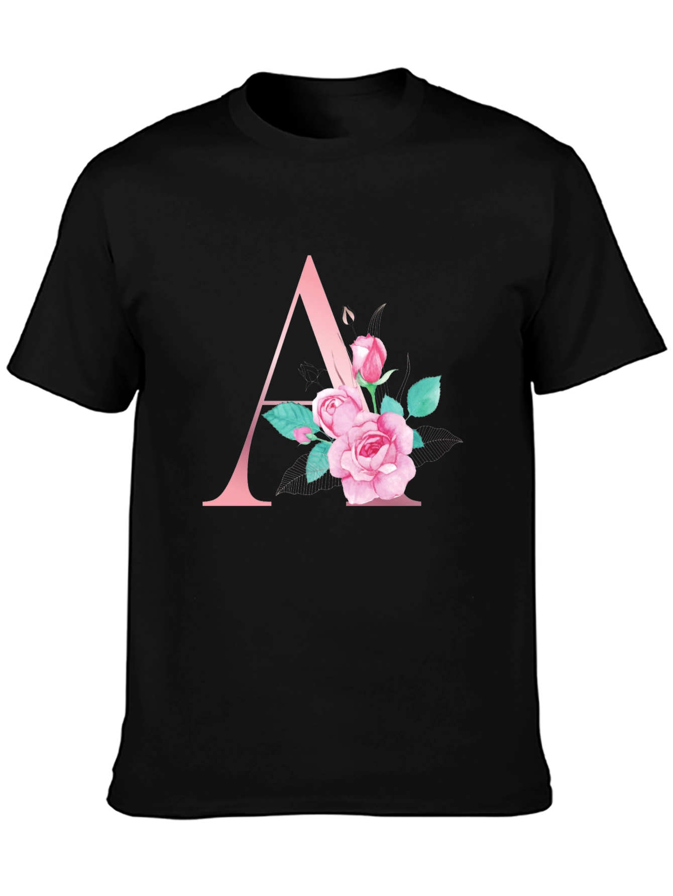Floral Initial A Black T-Shirt