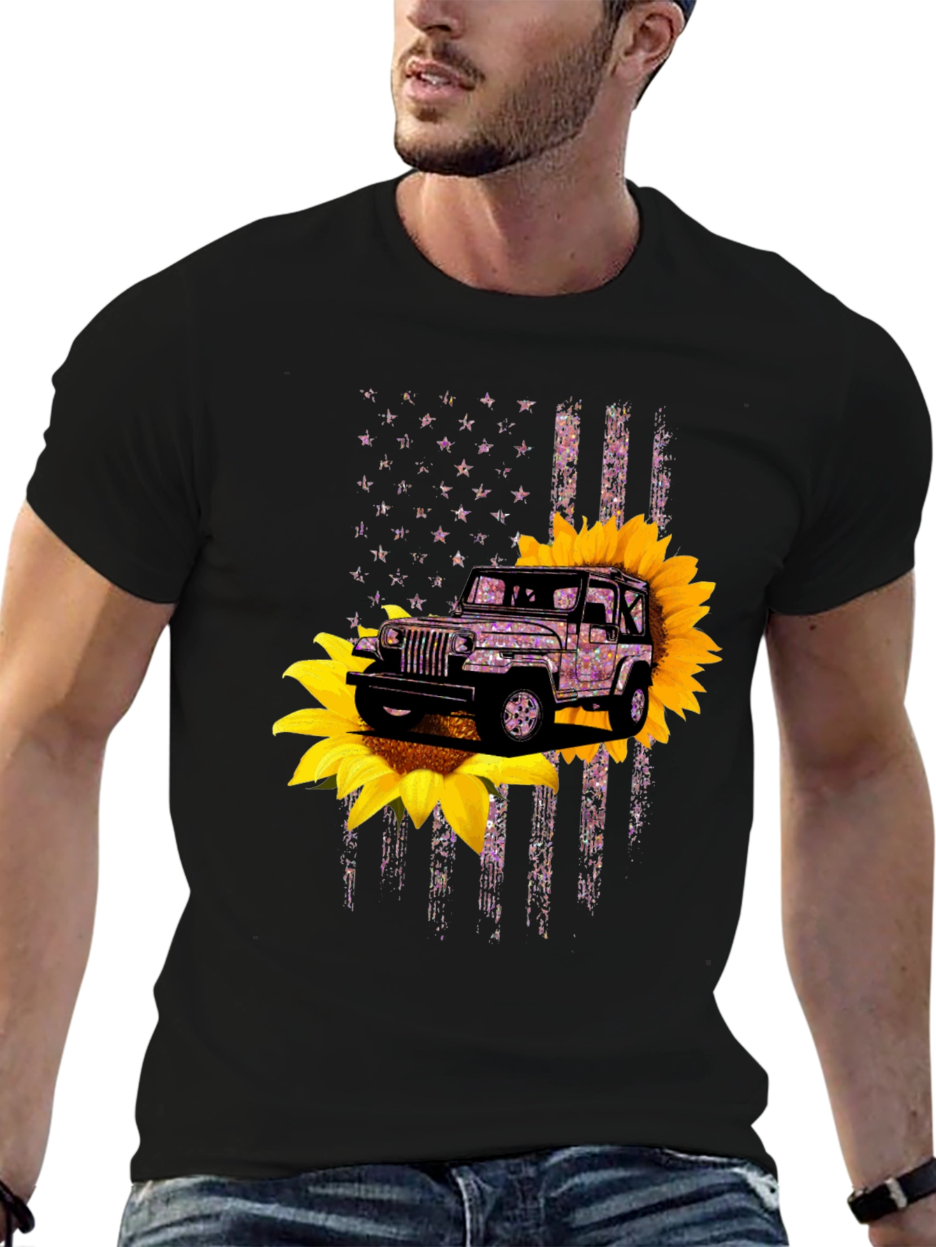 Jeep Sunflower American Flag Graphic T-Shirt